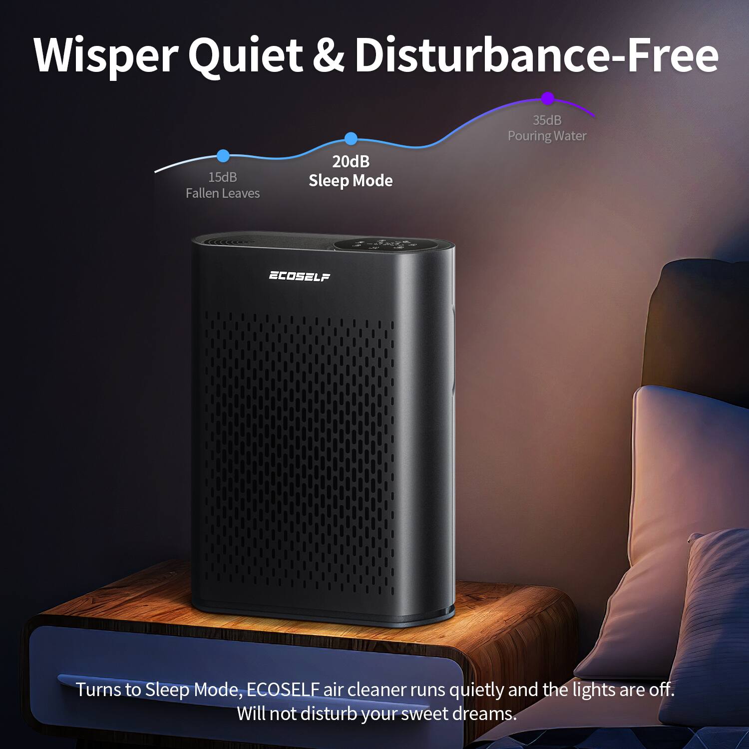 Wisper Quiet & Disturbance-Free

15dB Fallen Leaves  
20dB Sleep Mode  
35dB Pouring Water

Turns to Sleep Mode, ECOSELF air cleaner runs quietly and the lights are off. Will not disturb your sweet dreams.
