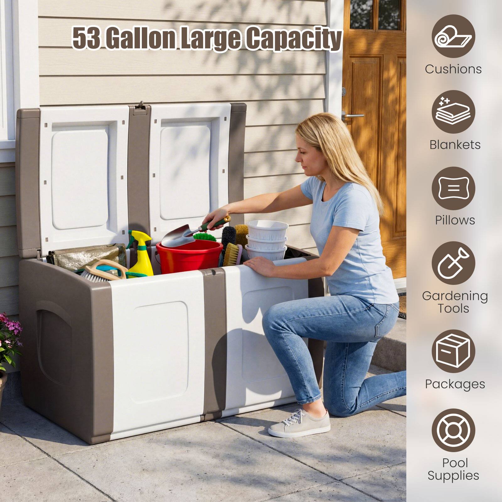53 Gallon Large Capacity

- Cushions
- Blankets
- Pillows
- Gardening Tools
- Packages
- Pool Supplies