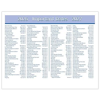 2026 Important Dates 2027

January
- New Year's Day - January 1
- First Day of Hanukkah - December 24, 2026
- Martin Luther King Jr. Day - January 2, 2027
- Chinese New Year - January 22, 2027
- Australia Day - January 26, 2027
- Orthodox Christmas - January 7, 2027

February
- Groundhog Day - February 2, 2027
- Valentine's Day - February 14, 2027
- Ash Wednesday - February 22, 2027
- Presidents' Day - February 20, 2027
- Mardi Gras - February 28, 2027

March
- Ash Wednesday - March 1, 2026
- St. Patrick's Day - March 17, 2026
- Purim - March 6, 2027
- Holi - March 8, 2027
- International Women's Day - March