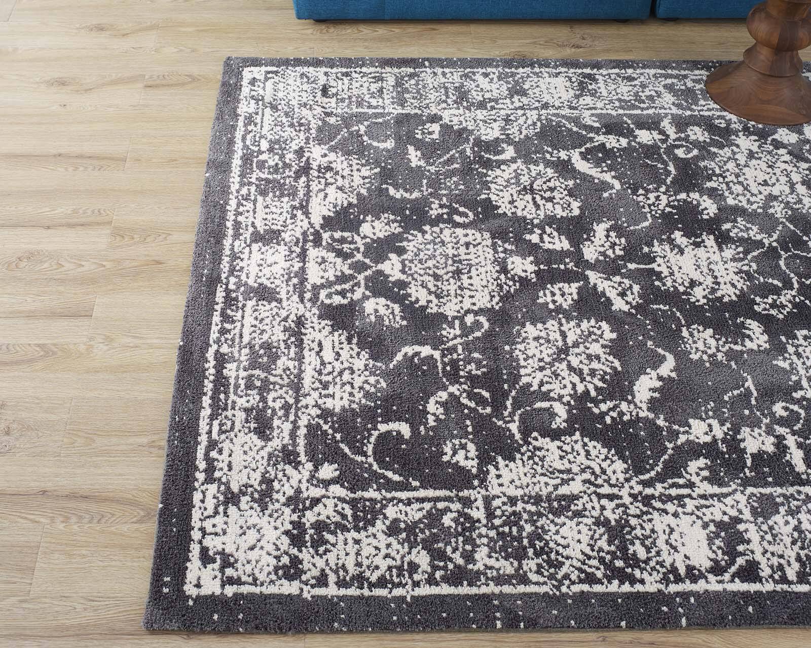 Left. Modway - Kazia Distressed Floral Lattice Area Rug - Dark Gray and Ivory.