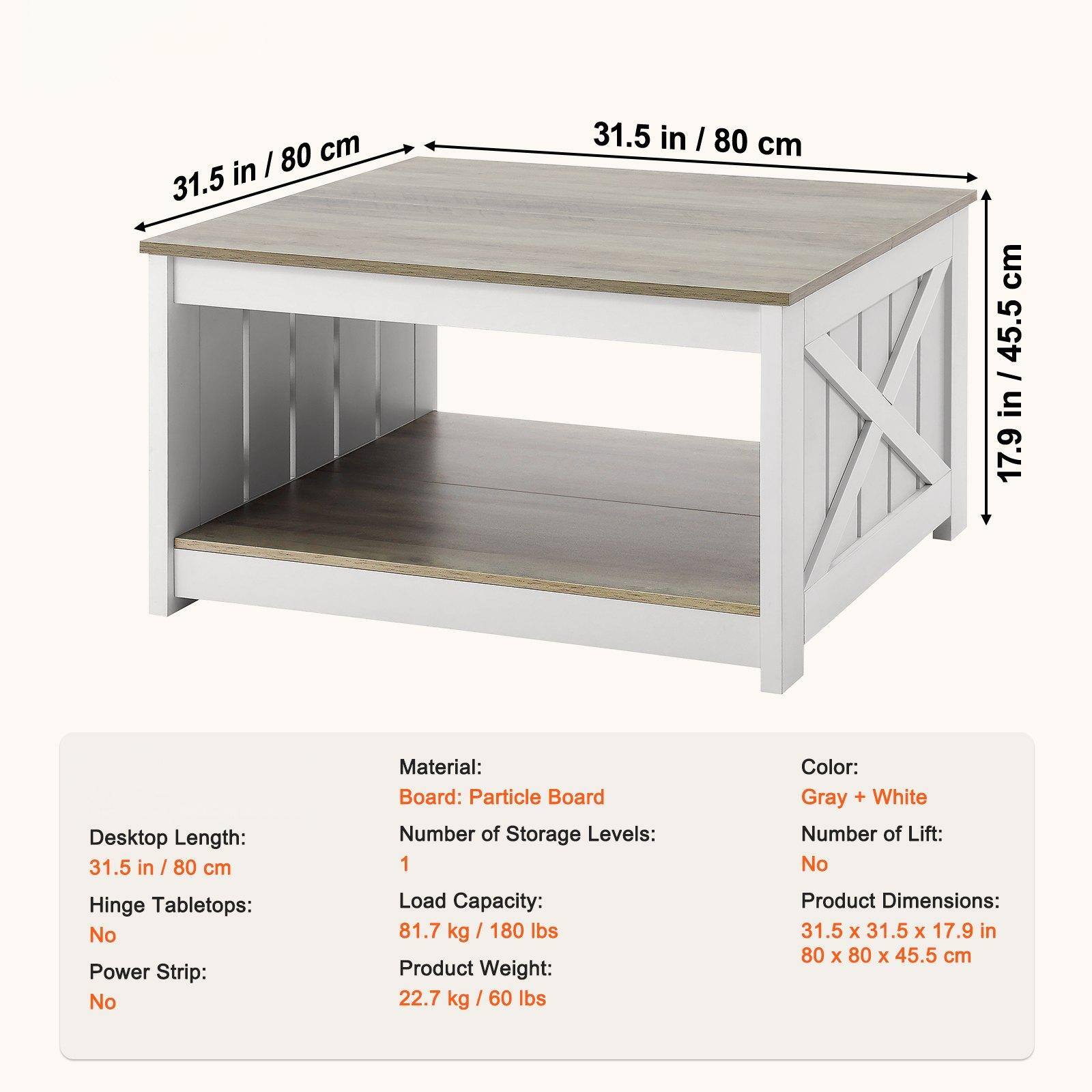 - **Desktop Length:** 31.5 in / 80 cm
- **Hinge Tabletops:** No
- **Power Strip:** No
- **Material:** Particle Board
- **Number of Storage Levels:** 1
- **Load Capacity:** 81.7 kg / 180 lbs
- **Product Weight:** 22.7 kg / 60 lbs
- **Color:** Gray + White
- **Number of Lift:** No
- **Product Dimensions:** 31.5 x 31.5 x 17.9 in / 80 x 80 x 45.5 cm