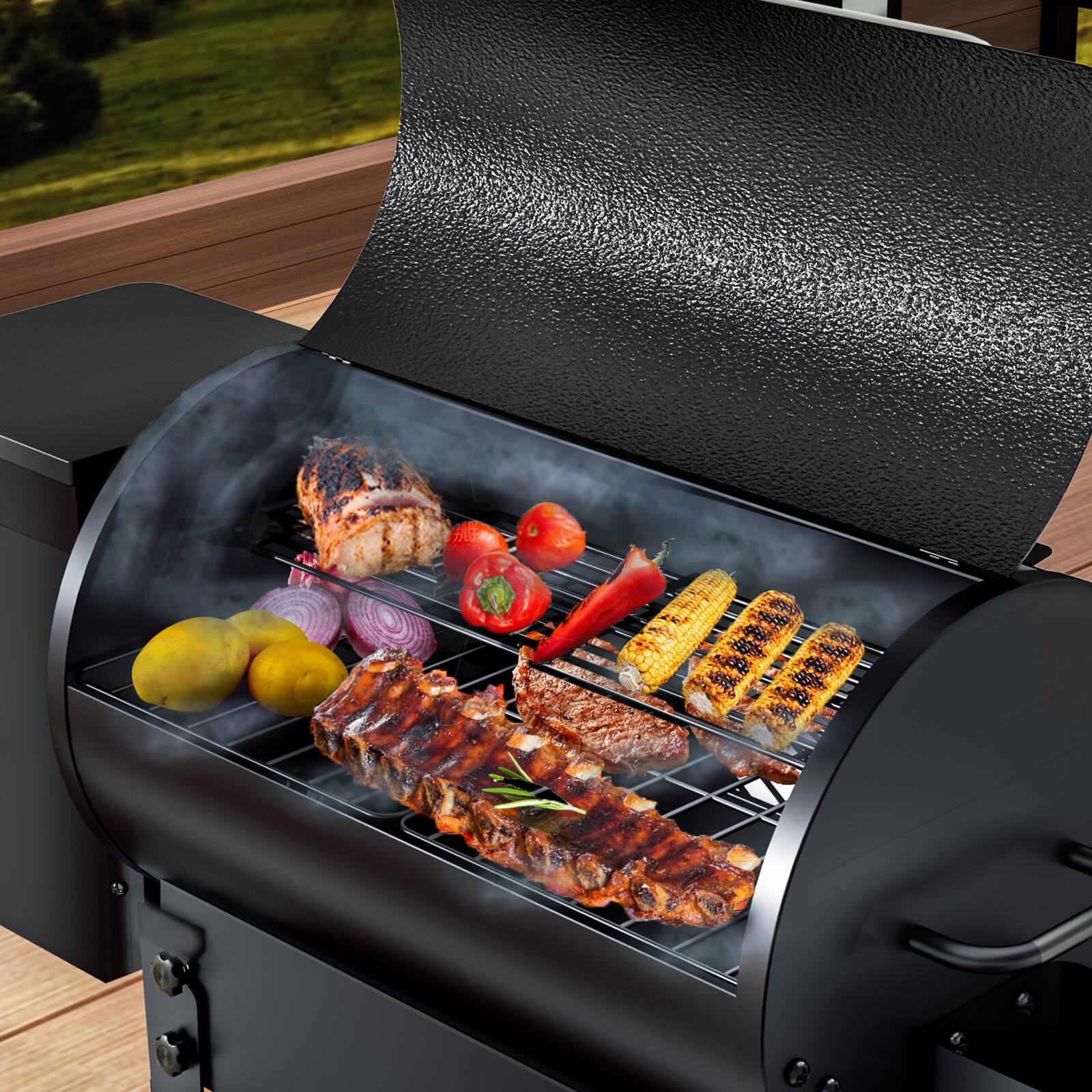 Back. KingChii - Portable Electric Wood Pellet Grill and Smoker with Foldable Legs, 456 Sq. In. Cooking Area,PID Temp Control (180–425°F).