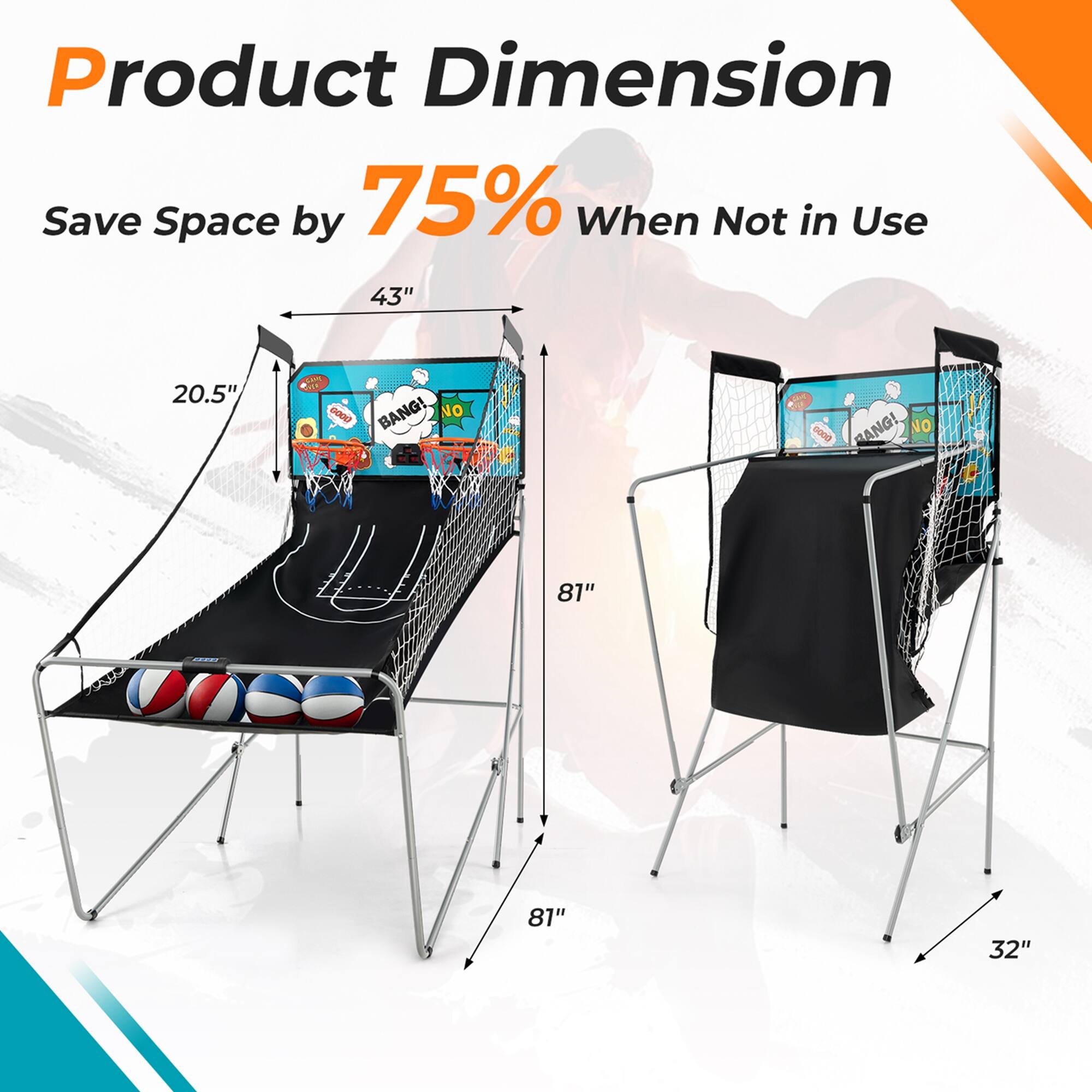Product Dimension Save Space by 75% When Not in Use 43" 20.5" 0a0e BANG! NO RANG! NO pond 81" 9219 81" 32"