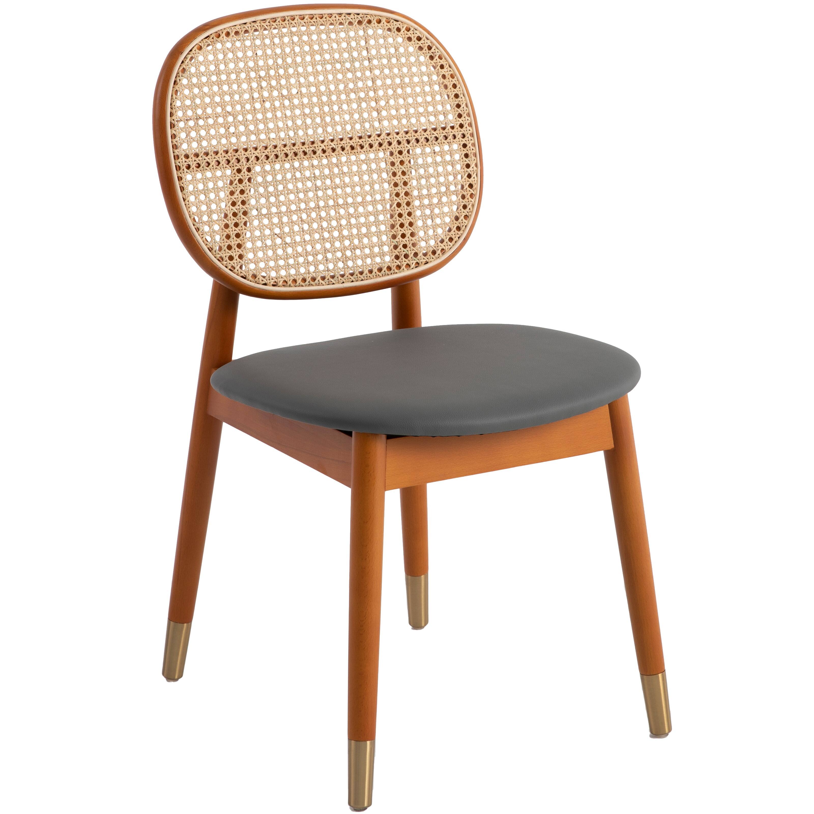 LeisureMod - Holbeck Mid-Century Rattan Dining Chair, Modern Faux Leather Upholstered Kitchen Accent Side Chair - Solid Wood Legs - Gray