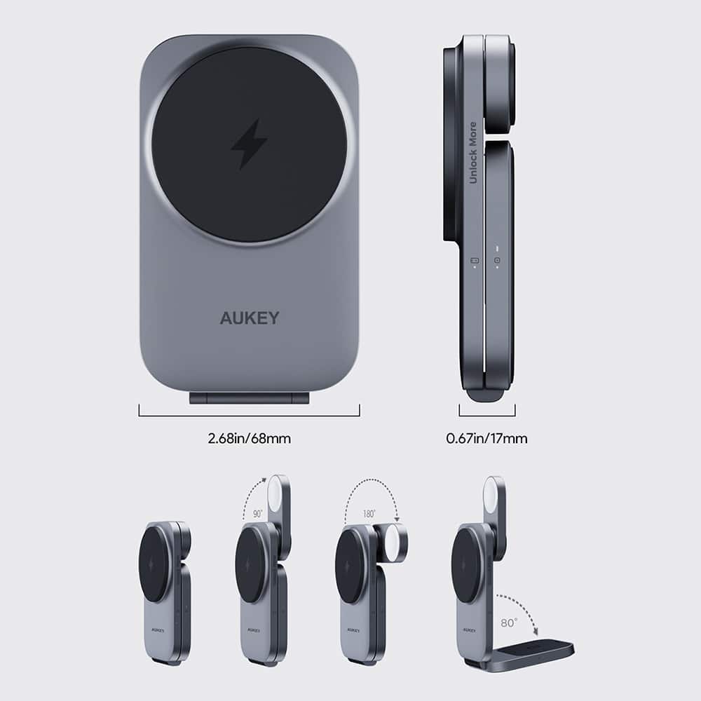 The image features a collection of AUKEY products, including a speaker, a remote, and a charger. The speaker is shown in three different sizes, with the largest one measuring 2.68 inches (68mm) in diameter and the smallest one measuring 0.67 inches (17mm) in diameter. The remote control is also shown in three different sizes, with the largest one measuring 2.68 inches (68mm) in length and the smallest one measuring 0.67 inches (17mm) in length. The charger is shown in two different sizes, with the largest one measuring 2.68 inches (68mm) in width and the smallest one measuring 0.67 inches (17mm) in width.