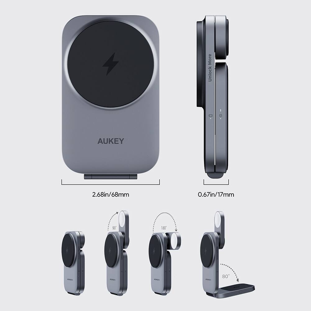 The image features a collection of AUKEY products, including a speaker, a remote, and a charger. The speaker is shown in three different sizes, with the largest one measuring 2.68 inches (68mm) in diameter and the smallest one measuring 0.67 inches (17mm) in diameter. The remote control is also shown in three different sizes, with the largest one measuring 2.68 inches (68mm) in length and the smallest one measuring 0.67 inches (17mm) in length. The charger is shown in two different sizes, with the largest one measuring 2.68 inches (68mm) in width and the smallest one measuring 0.67 inches (17mm) in width.
