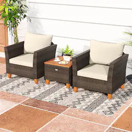 Costway - 3 PCS Outdoor Patio Rattan Bistro Furniture Set Wooden Table Top Cushioned Sofa - Beige