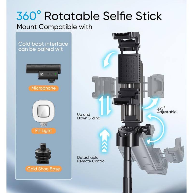 360° Rotatable Selfie Stick Mount Compatible with Cold boot interface can be paired with Microphone Up and Down Sliding 225° Adjustable Fill Light Detachable Remote Control Cold Shoe Base