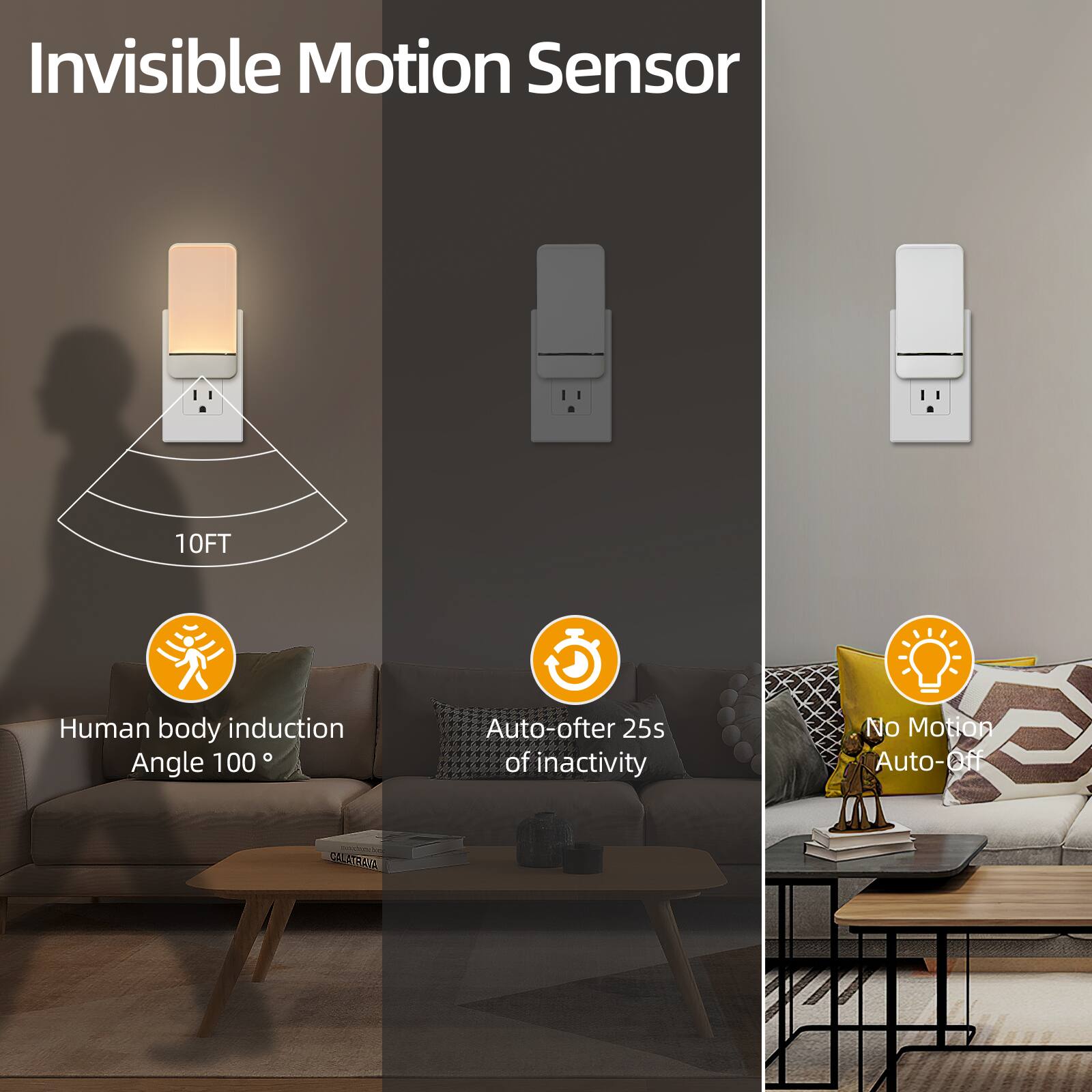 Invisible Motion Sensor  
10FT  
Human body induction  
Angle 100°  
Auto-off after 25s of inactivity  
No Motion Auto-Off