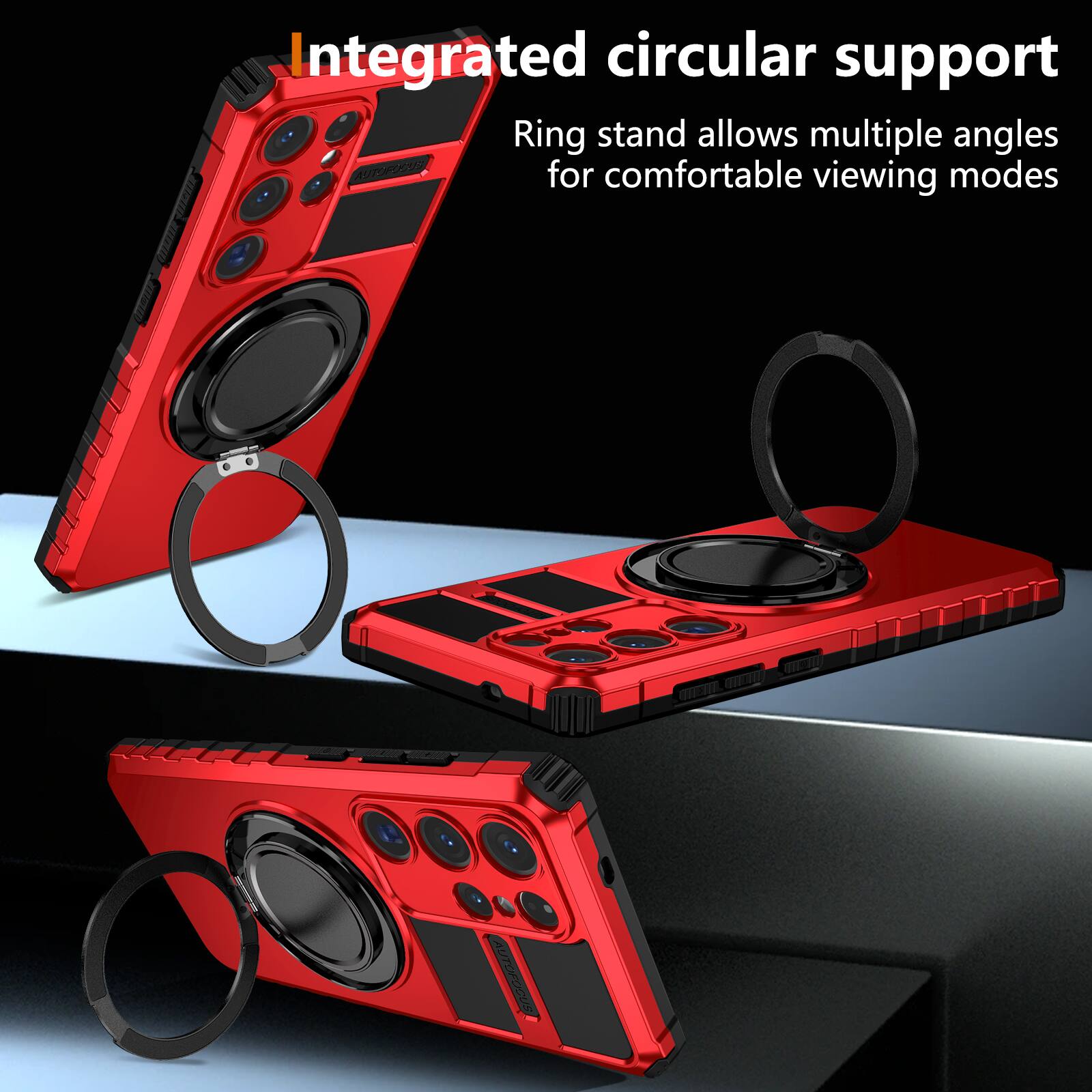 Integrated circular support  
Ring stand allows multiple angles for comfortable viewing modes