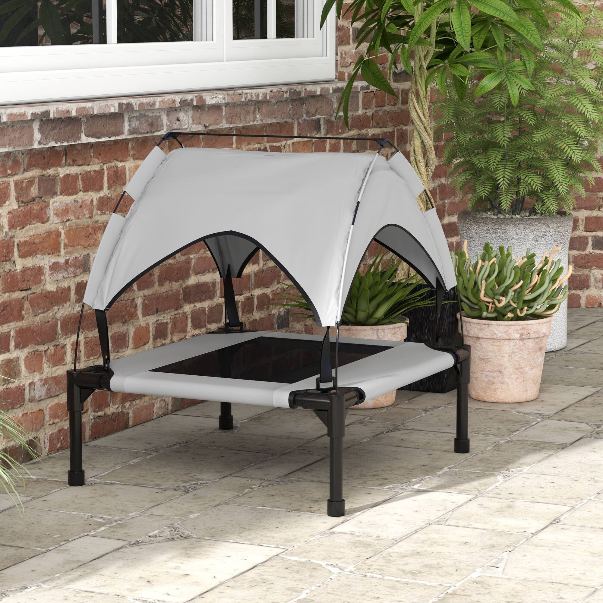 Alt View 8. Pawhut - Dog Bed with Canopy, Raised Outdoor Pet Bed for Camping with Washable Breathable Mesh - Light Gray.