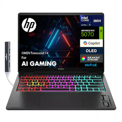 HP OMEN Transcend 14 For AI Gaming
Intel Core i9 285H
NVIDIA GeForce RTX 5070
OLED Display
RGB Backlit Keyboard
Wi-Fi 6E
Copilot
GeForce RTX