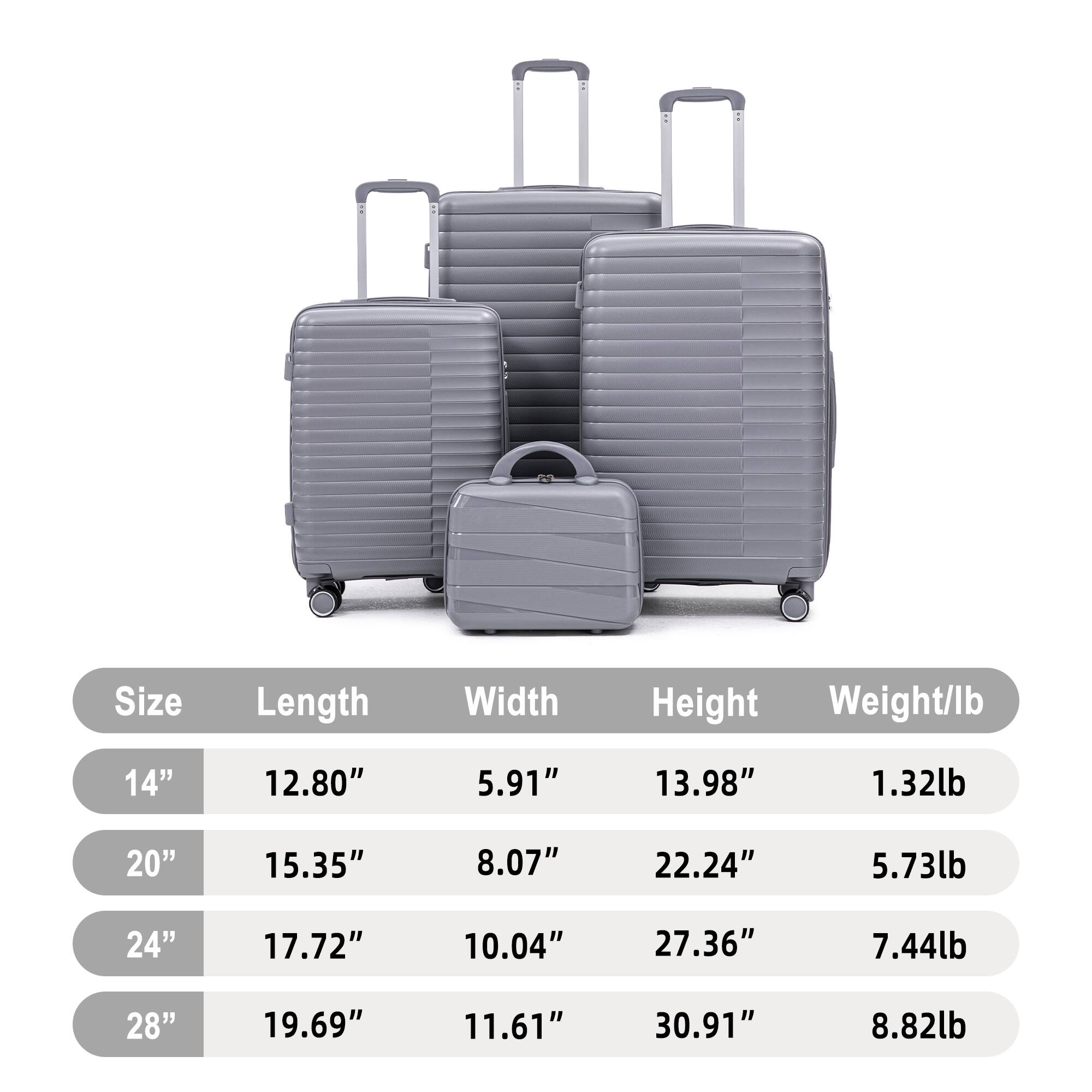 Size | Length | Width | Height | Weight/lb
---|---|---|---|---
14" | 12.80" | 5.91" | 13.98" | 1.32lb
20" | 15.35" | 8.07" | 22.24" | 5.73lb
24" | 17.72" | 10.04" | 27.36" | 7.44lb
28" | 19.69" | 11.61" | 30.91" | 8.82lb