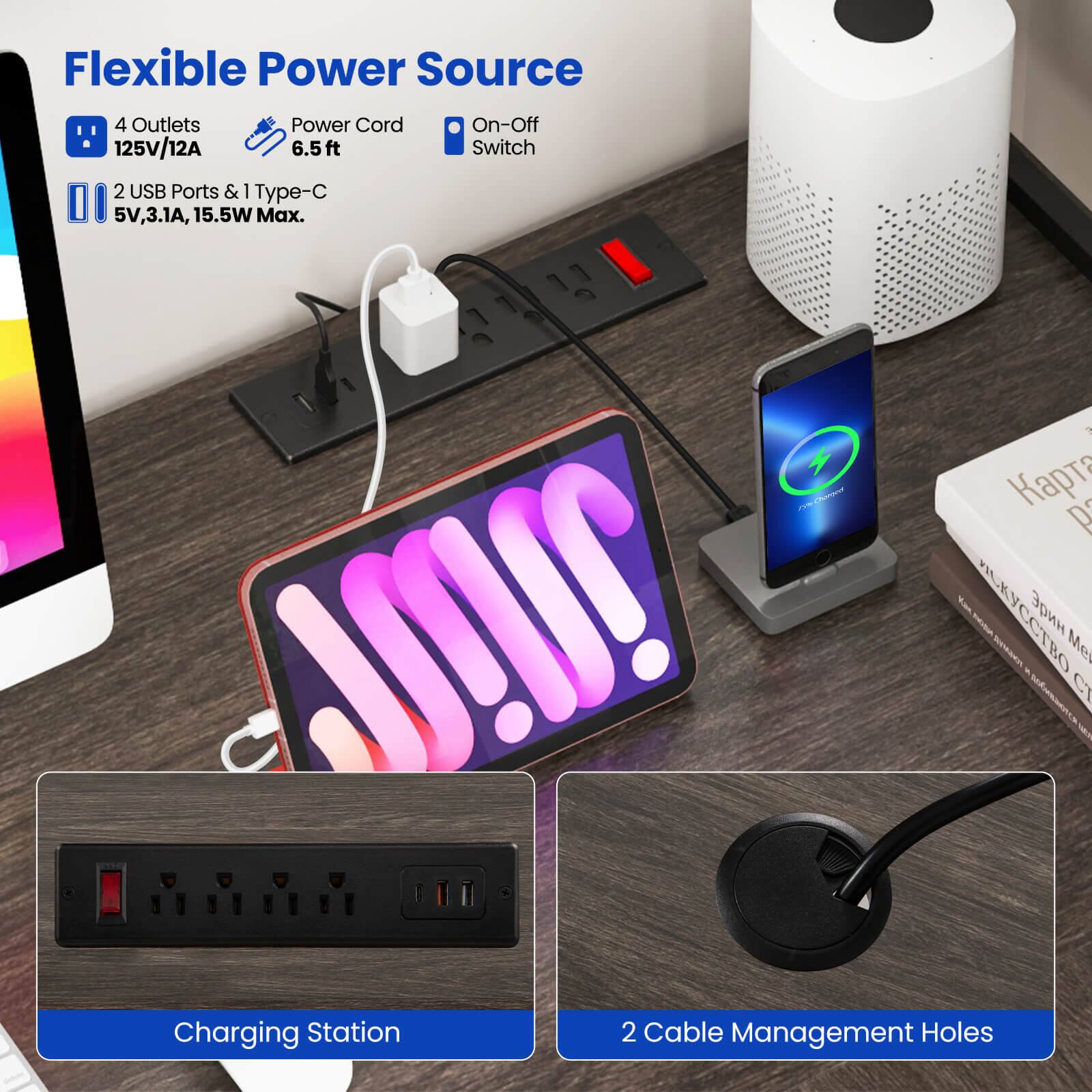 The text on the image is grouped and corrected as follows:

Flexible Power Source:
- 4 Outlets
- Power Cord: On-Off
- 125V/12A 6.5ft Switch
- 2 USB Ports & i Type-C
- 5V, 3.1A, 15.5W Max.
- 1 ~ mem  D I  
- Charging Station
- 2 Cable Management Holes