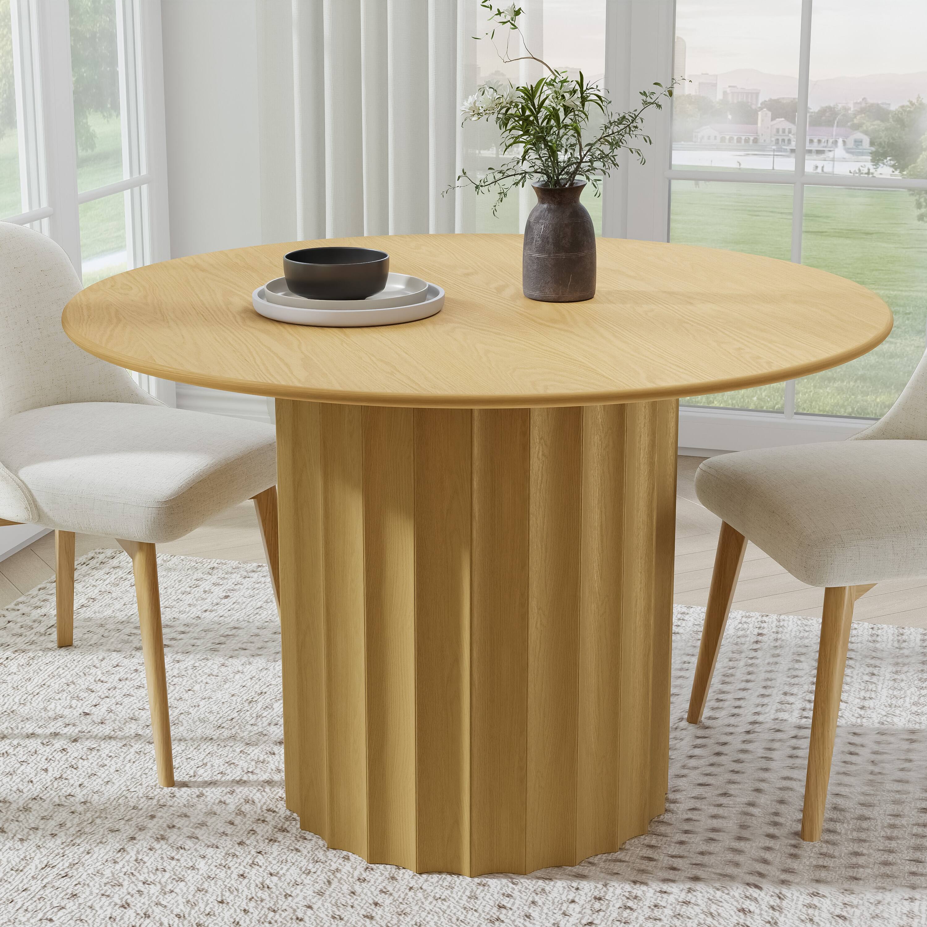 PexFix - Minimalist Farmhouse Curved Edge Round Solid Oak 46 in. Wide Fluted Base Kitchen & Dining Table Seats 4 - Natural