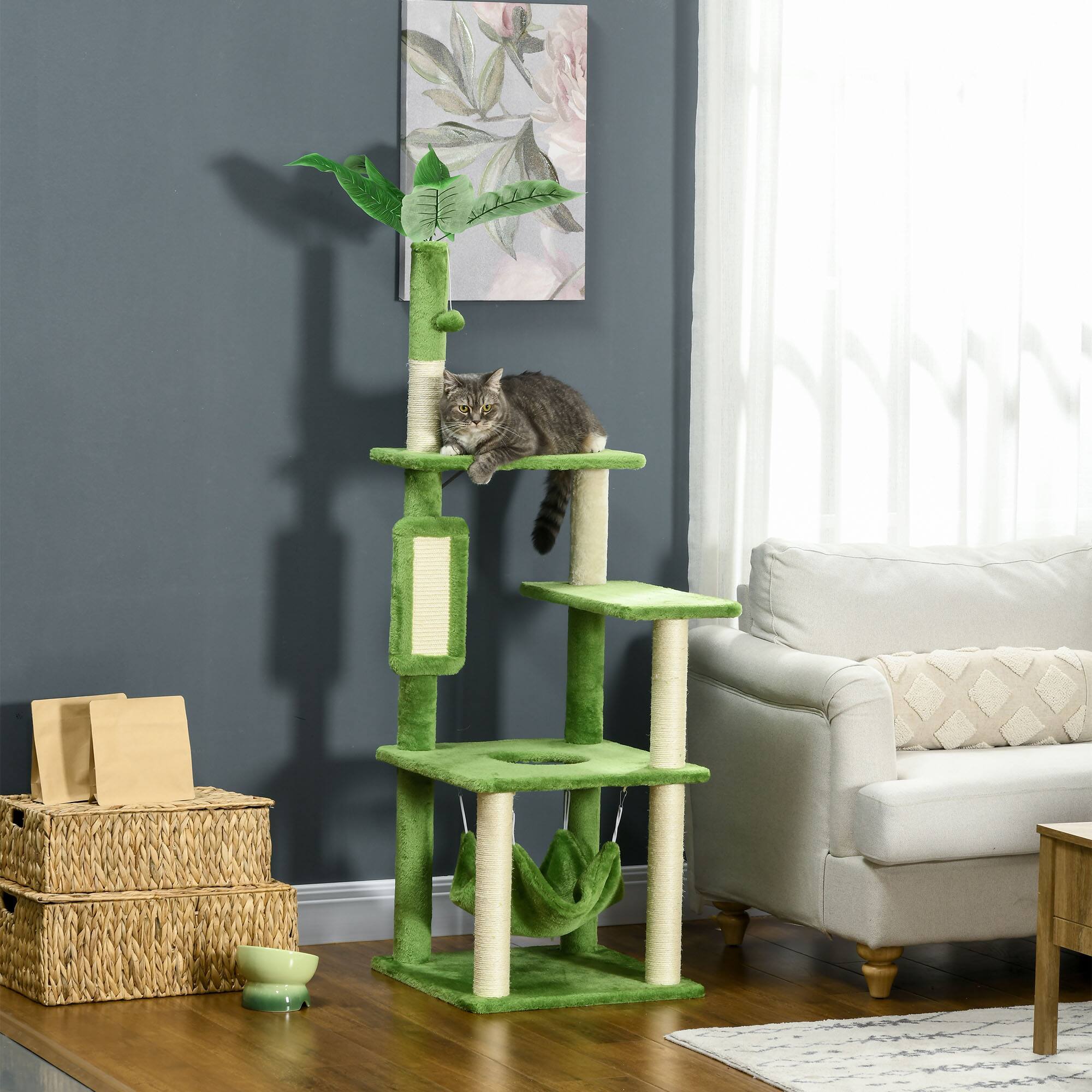 Angle. Pawhut - 56" Multi-Level Cat Tree, Tower with Scratching Post, Hammock, Play Ball & Anti-Tipping Device, Activity Center - Green.