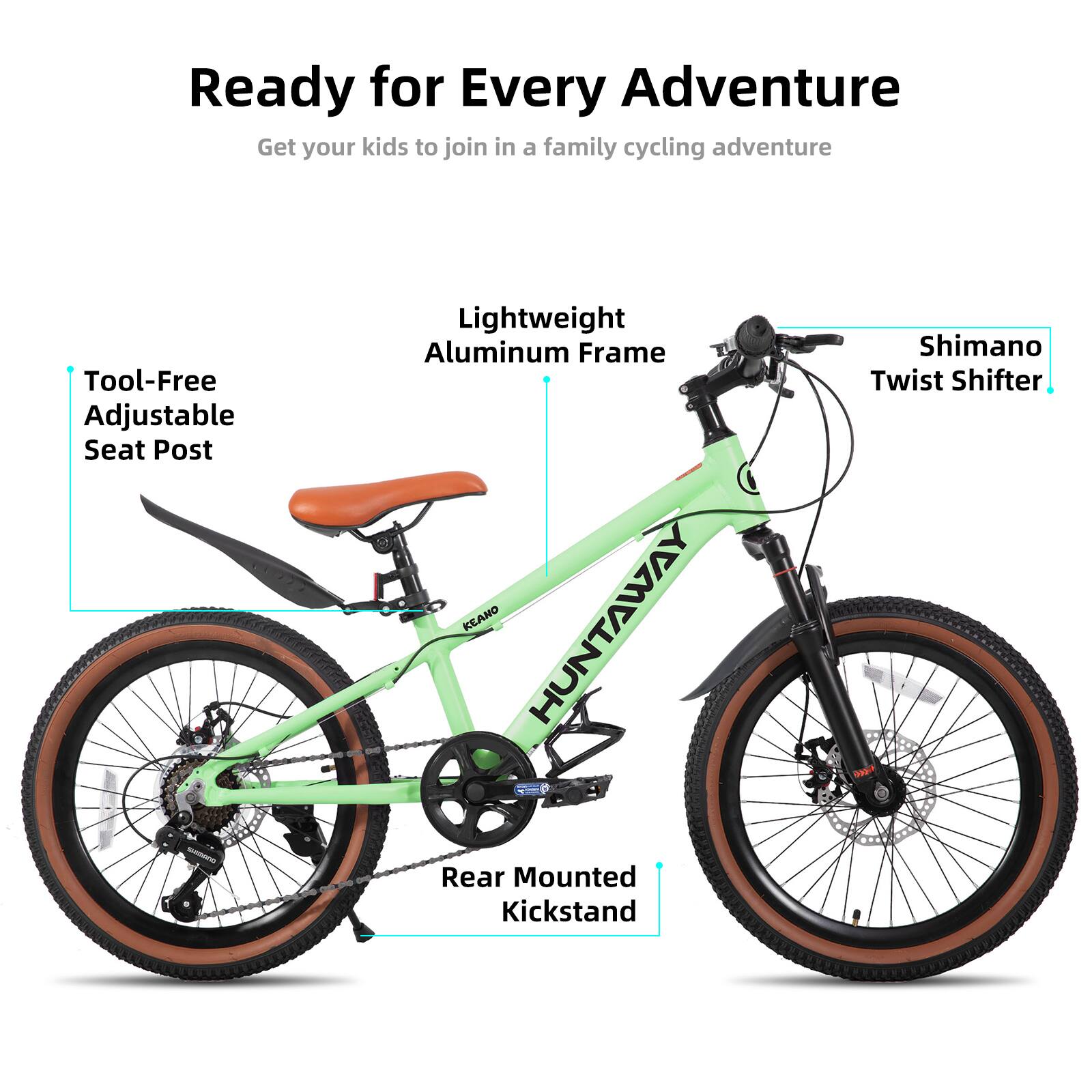 Ready for Every Adventure  
Get your kids to join in a family cycling adventure  

- Tool-Free Adjustable Seat Post  
- Lightweight Aluminum Frame  
- Shimano Twist Shifter  
- Rear Mounted Kickstand