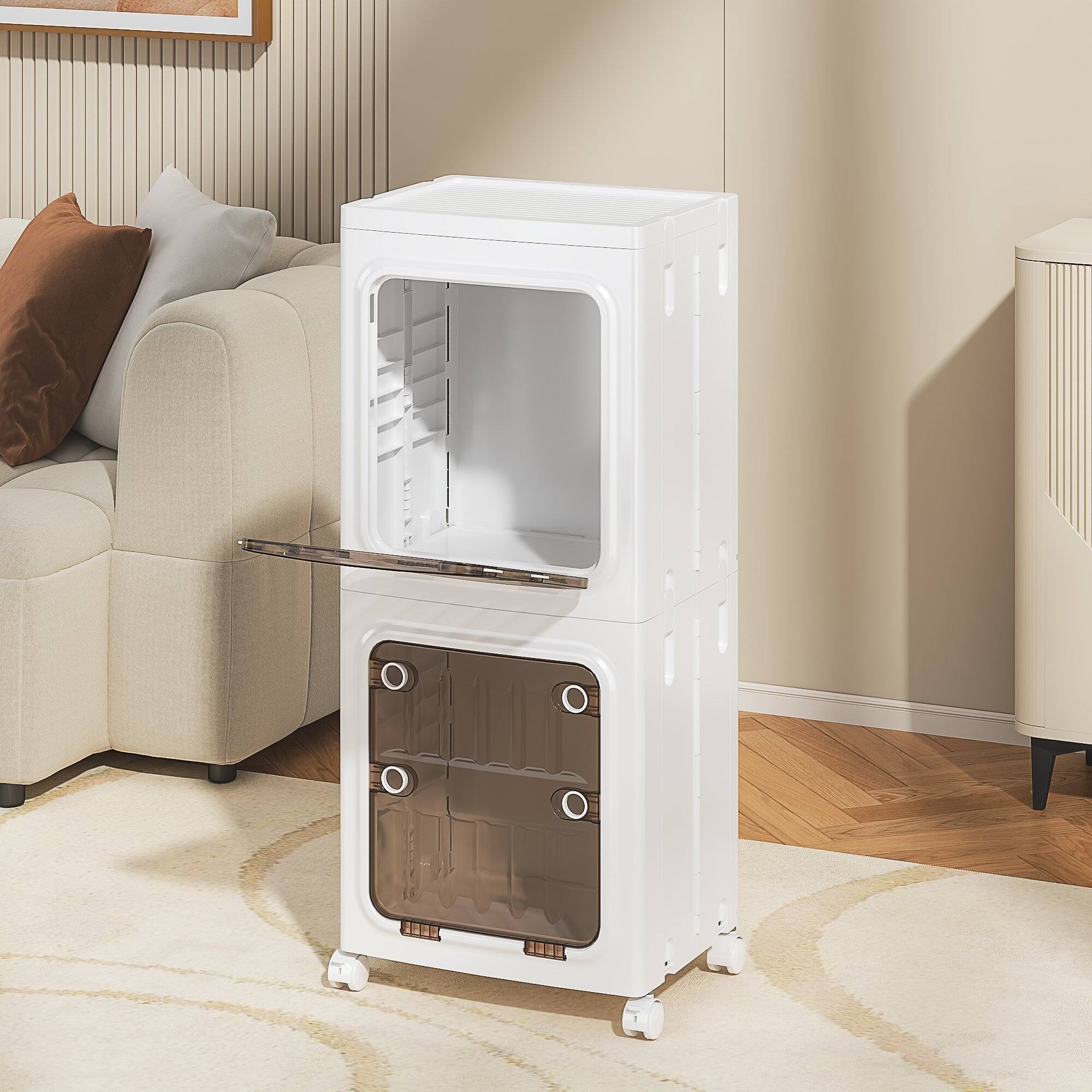 Angle. Vecelo - 4-Tier Foldable Plastic Storage Cabinet with Transparent Doors and Wheels,Waterproof,Easy Snap-Together Assembly, White - 2-Tier.