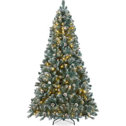 Front. Best Choice Products - Pre-Lit Pre-Decorated Christmas Tree w/ Flocked Tips, Pinecones - Flocked Blue Spruce.