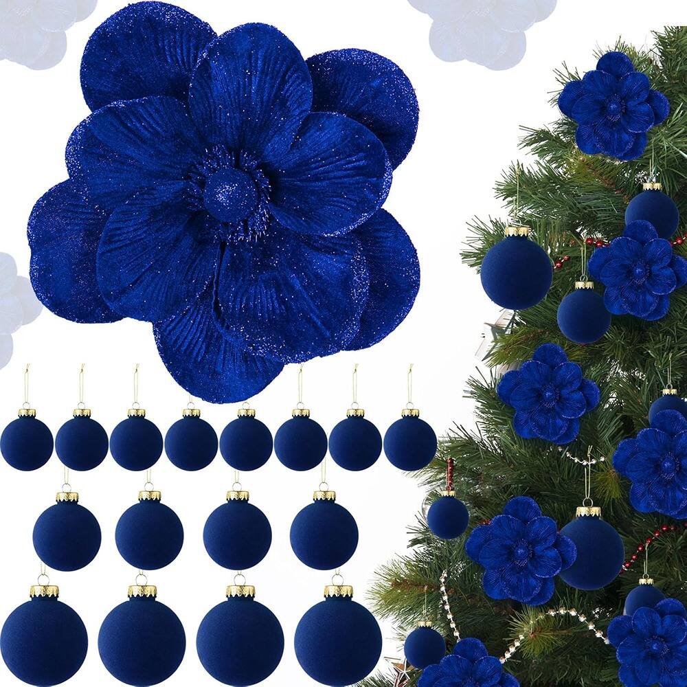 Front. PARKER SLATER - 24-Pc Royal Blue Velvet Christmas Ornament Set with Poinsettias and Balls - Blue.