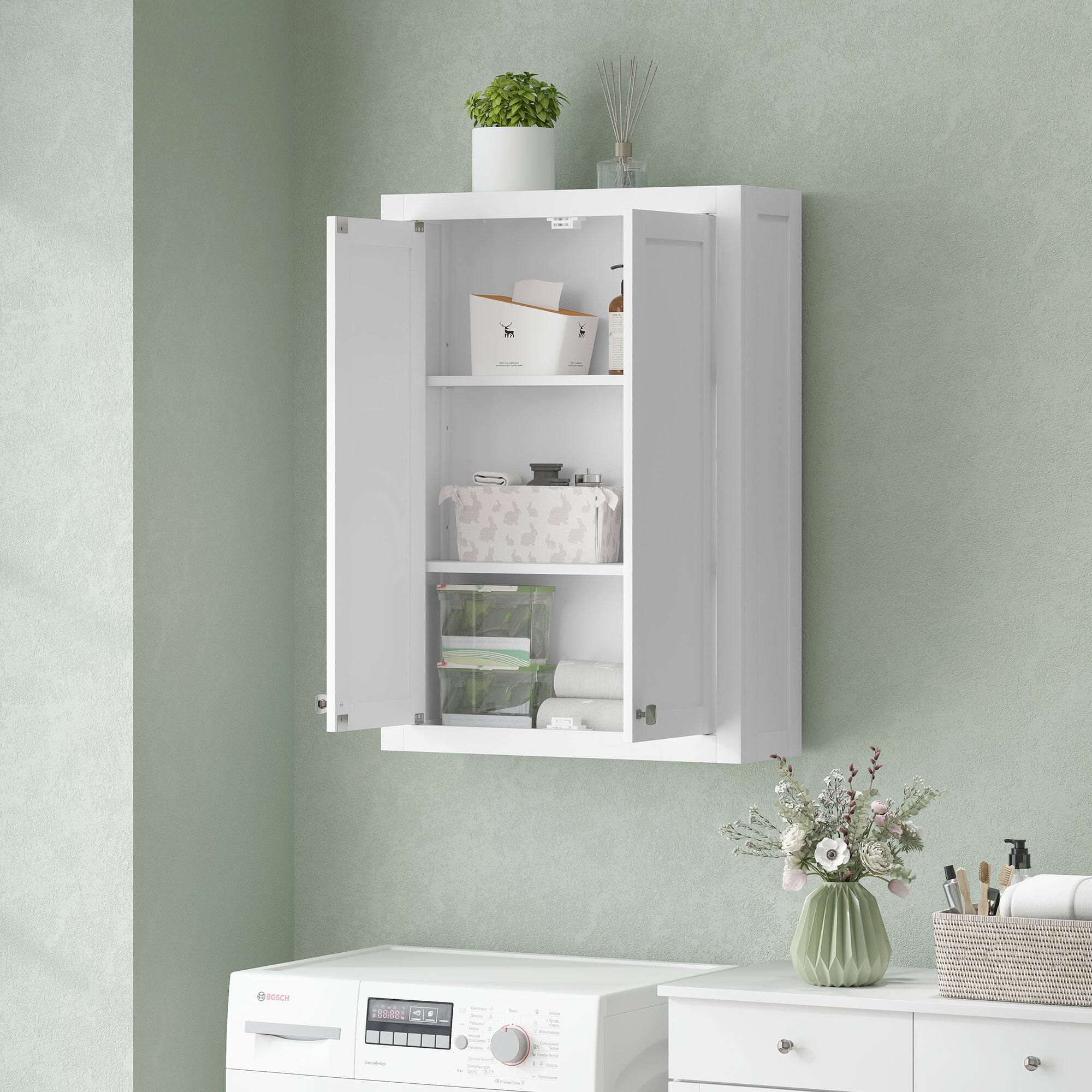 Alt View 5. Homcom - Narrow Bathroom Storage Cabinet, Bathroom Floor Cabinet with 2 Drawers & 3 Open Shelves - White.