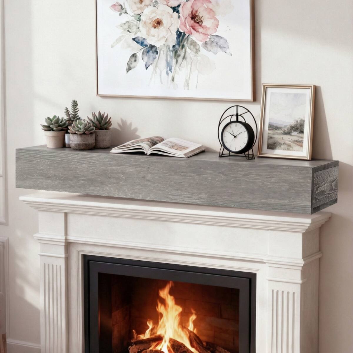Front. Loheer - Loheer 60 inch rustic wood fireplace mantel Solid Cedar Floating Shelf Gray - Gray.