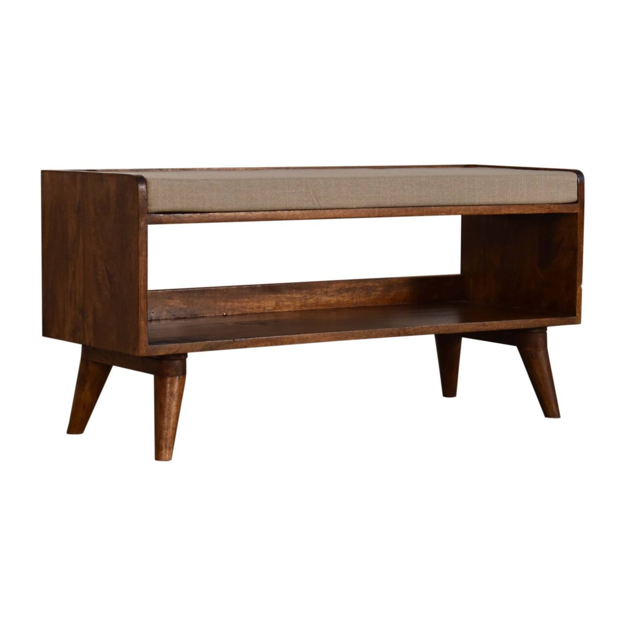 Left. Artisan Furniture - Artisan Furniture Solid Wood Mud Linen Nordic Storage Bench, Upholstered, 1 Open Slot, Brown & White - Brown & White.
