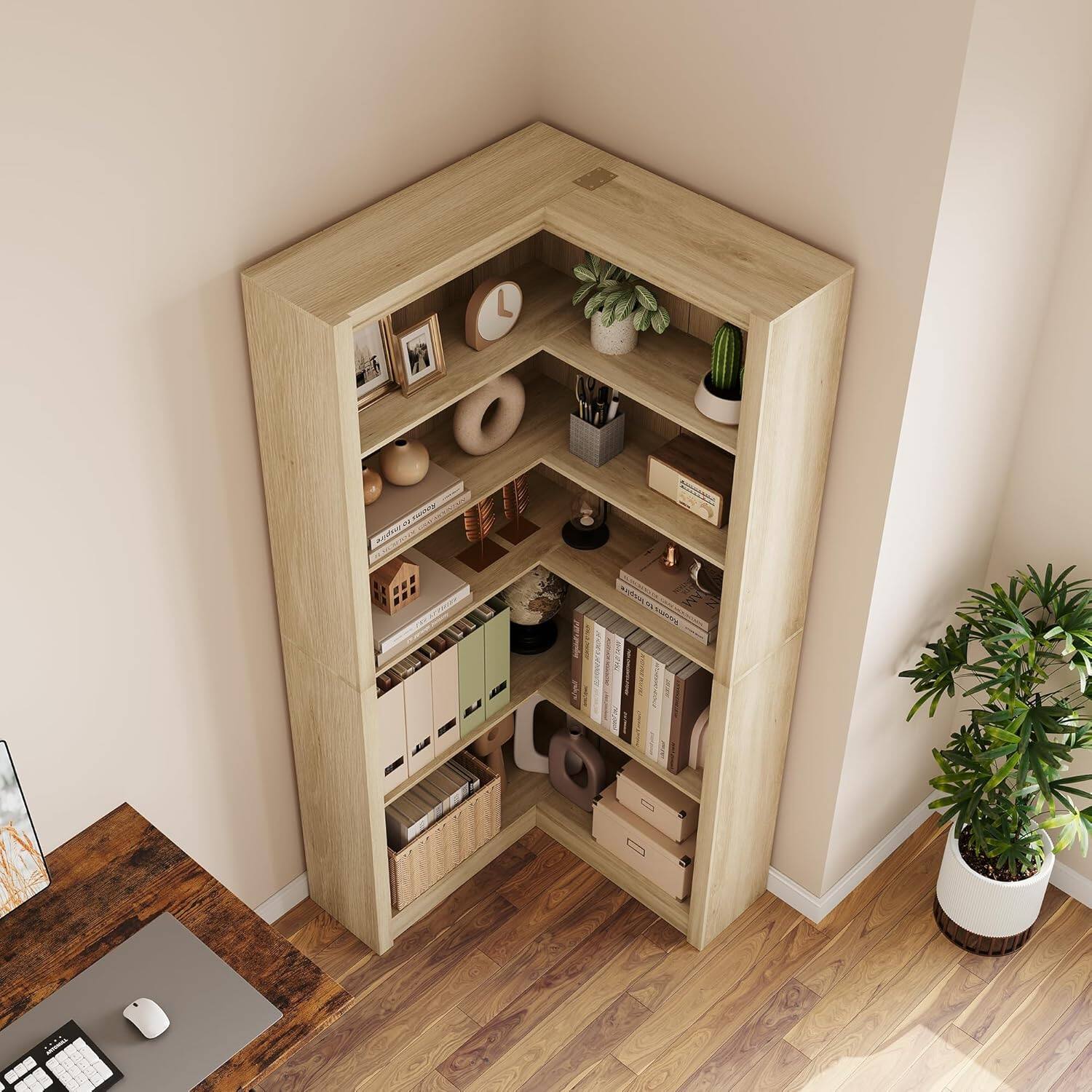 Alt View 3. Babevy - 71.8" Tall Oak Farmhouse L-Shaped Corner Bookcase, 5-Tier Heavy-Duty MDF, Natural Wood Organizer for Home Office - Oak.