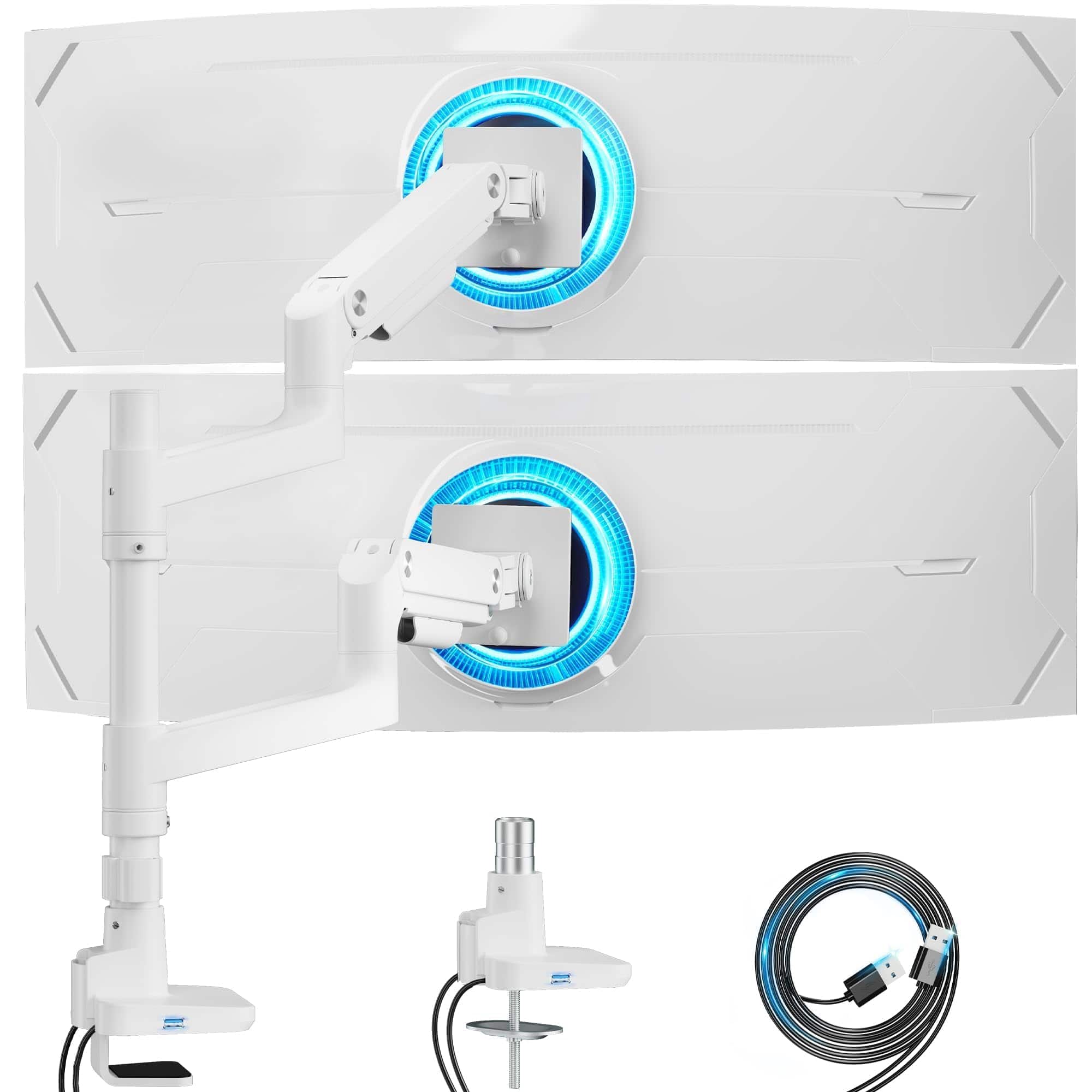 Cedar Assembly - Dual Monitor Stand For Ultrawide Heavy Duty Curved Stacking Fits Vertical Gas Spring Double Mount With Usb - White with USB Dual Monitor Stand