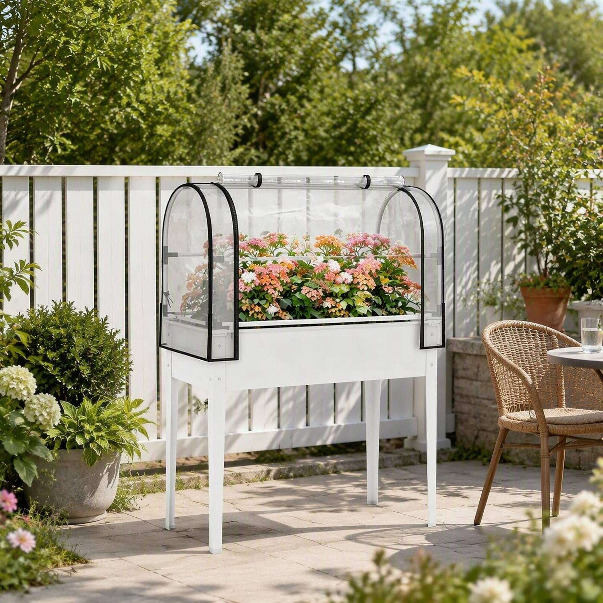 Back. RYHNUYNE - White Elevated Raised Garden Bed with Mini Greenhouse Cover, 26 Gallon Metal Planter Box on Legs for Outdoor Patio - White.