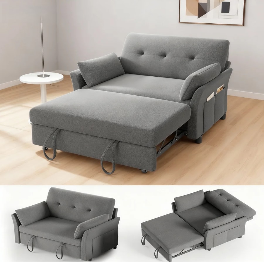 Dyonery - 3-in-1 Pull Out Sleeper Sofa with Reclining Backrest & Side Pocket, Tool-Free Assembly, Loveseat - Gray