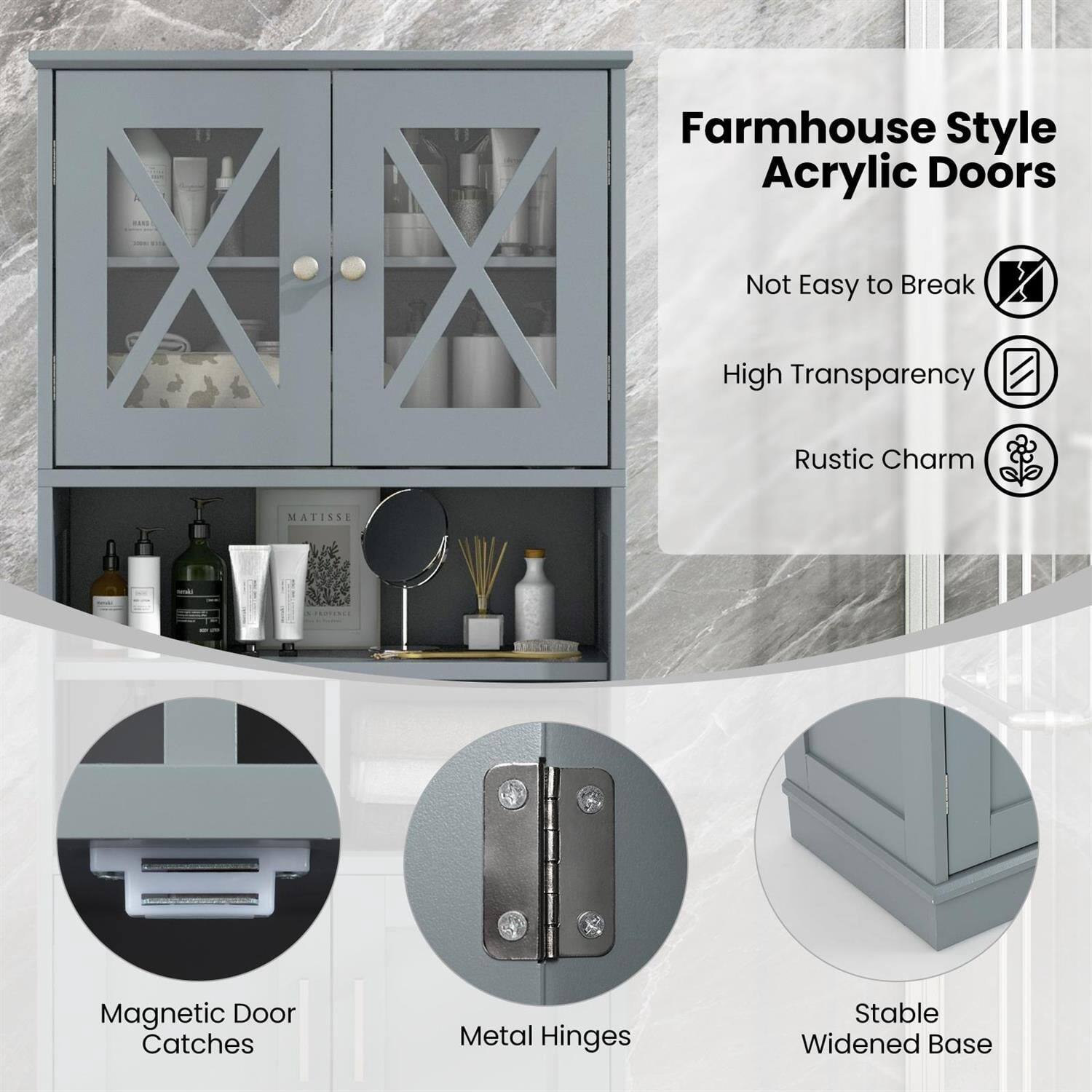 Farmhouse Style Acrylic Doors  
Not Easy to Break  
High Transparency  
Rustic Charm  

Magnetic Door Catches  
Metal Hinges  
Stable Widened Base