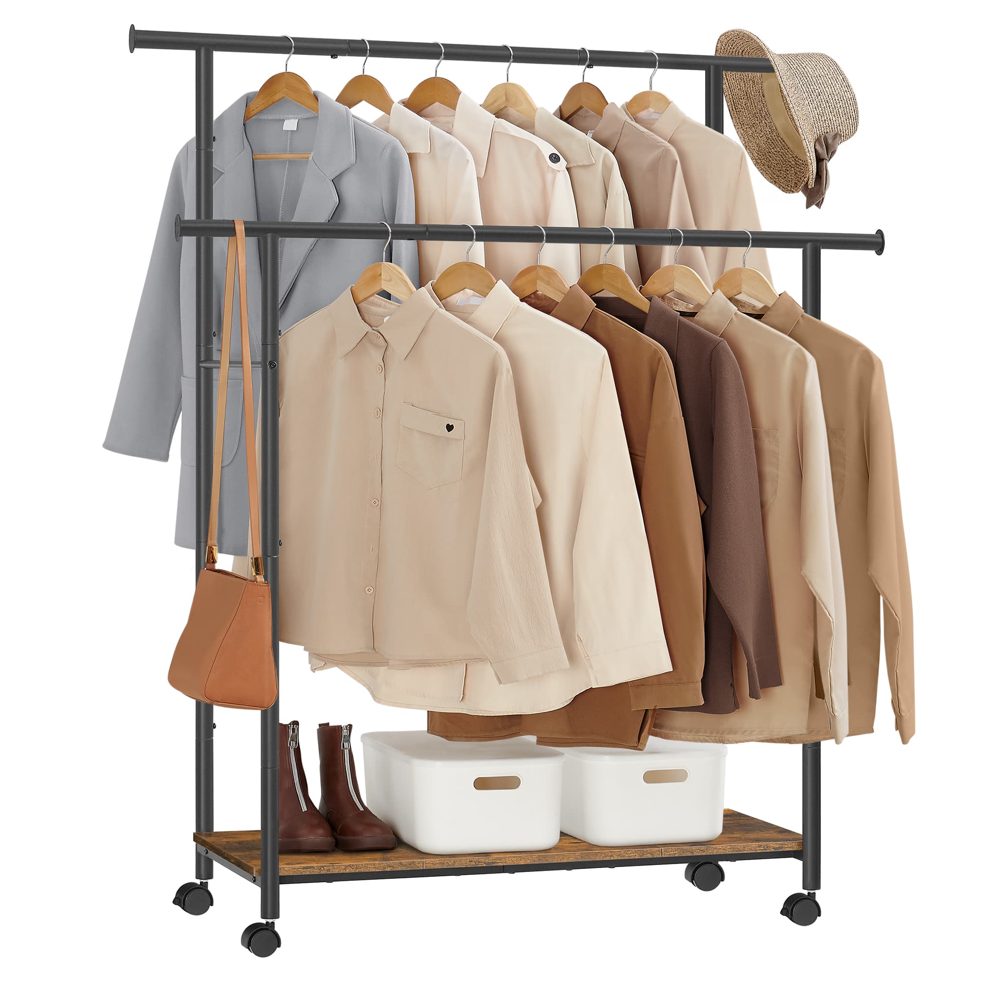Songmics Home - Clothes Rack with Wheels, Double-Rod Clothing Rack for Hanging Clothes, 38.8 Inches Garment Rack with Shelf - Rustic Brown and Ink Black price history on PriceWatchPro