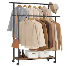 Songmics Home - Clothes Rack with Wheels, Double-Rod Clothing Rack for Hanging Clothes, 38.8 Inches Garment Rack with Shelf - Rustic Brown and Ink Black