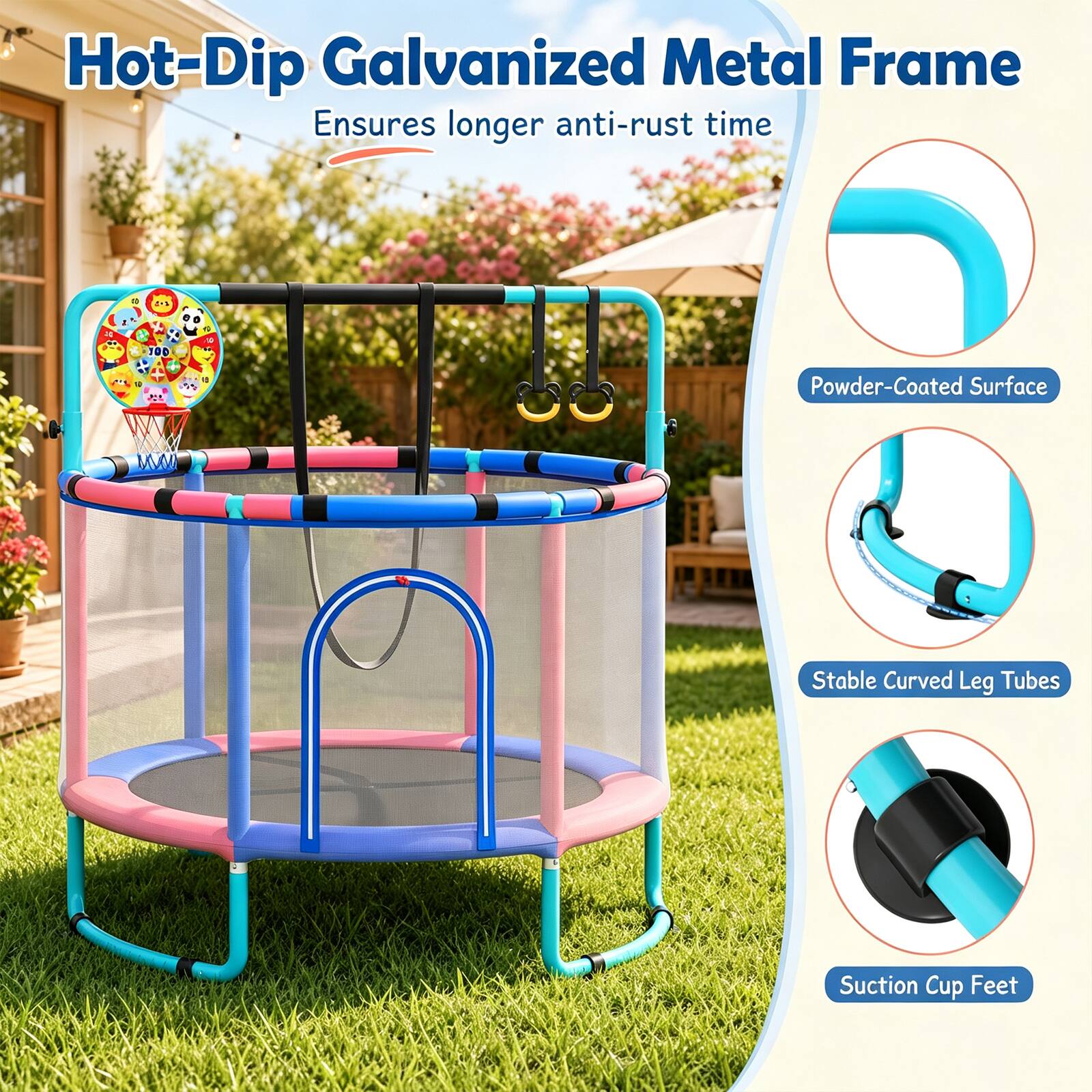 Hot-Dip Galvanized Metal Frame Ensures longer anti-rust time

2g
10 .. X 100
14 ME

Powder-Coated Surface
Stable Curved Leg Tubes
Suction Cup Feet
