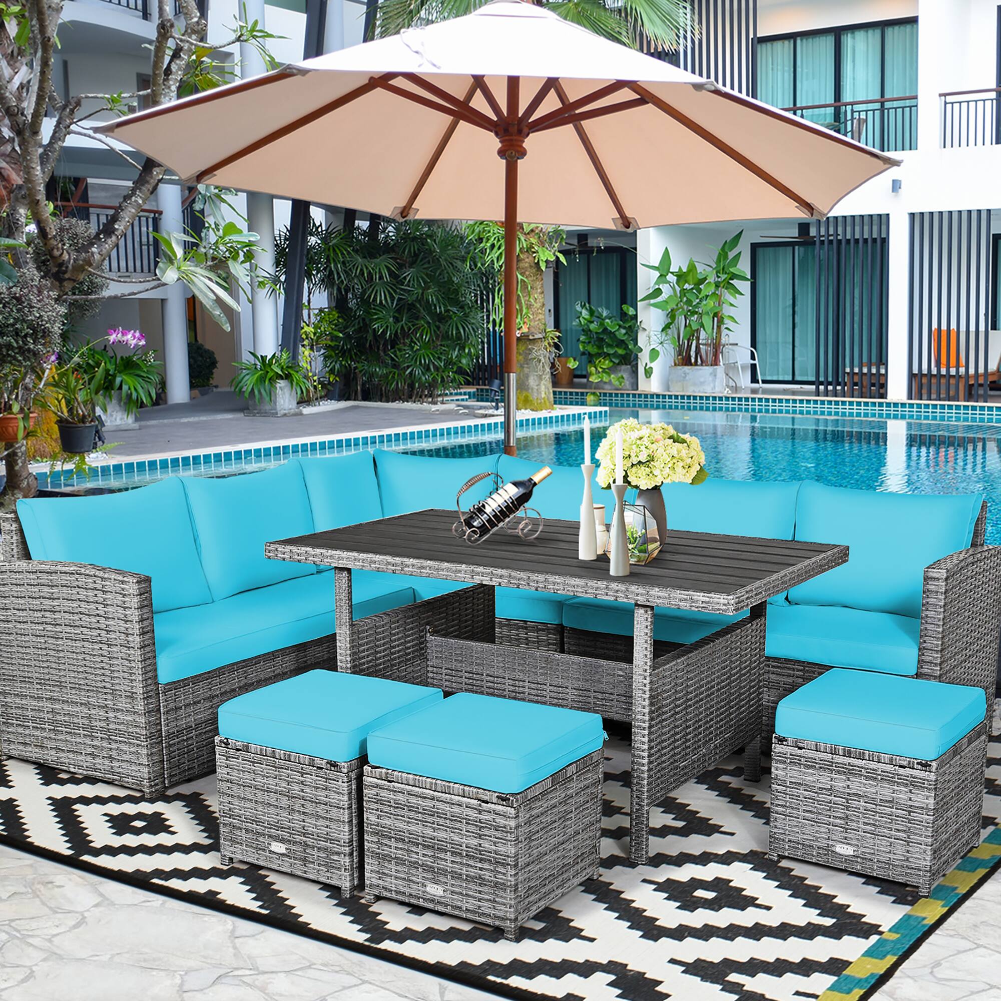 Alt View 1. Costway - 7 PCS Patio Rattan Dining Set Sectional Sofa Couch Ottoman Garden - Turquoise.