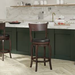 Emma + Oliver - Cale Classic Pub Style Swivel Wooden Barstool with Padded Faux Leather Seat - Black Vinyl/Espresso Frame