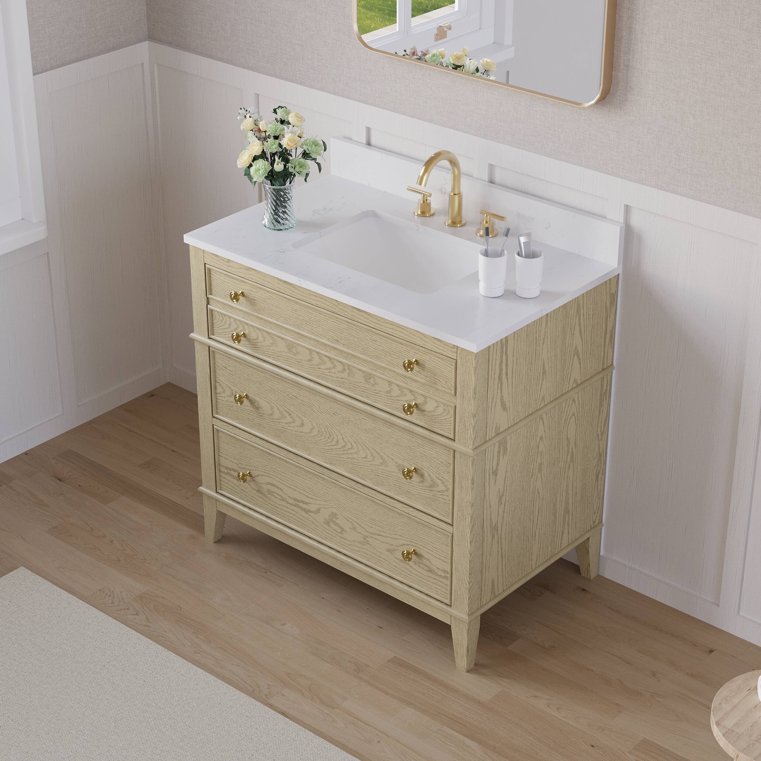 Alt View 1. WELLFOR - MEGAN 36 in. Freestanding Solid Wood Bath Vanity with Quartz Top, Single Sink, Soft Close, Assembled - OAK.