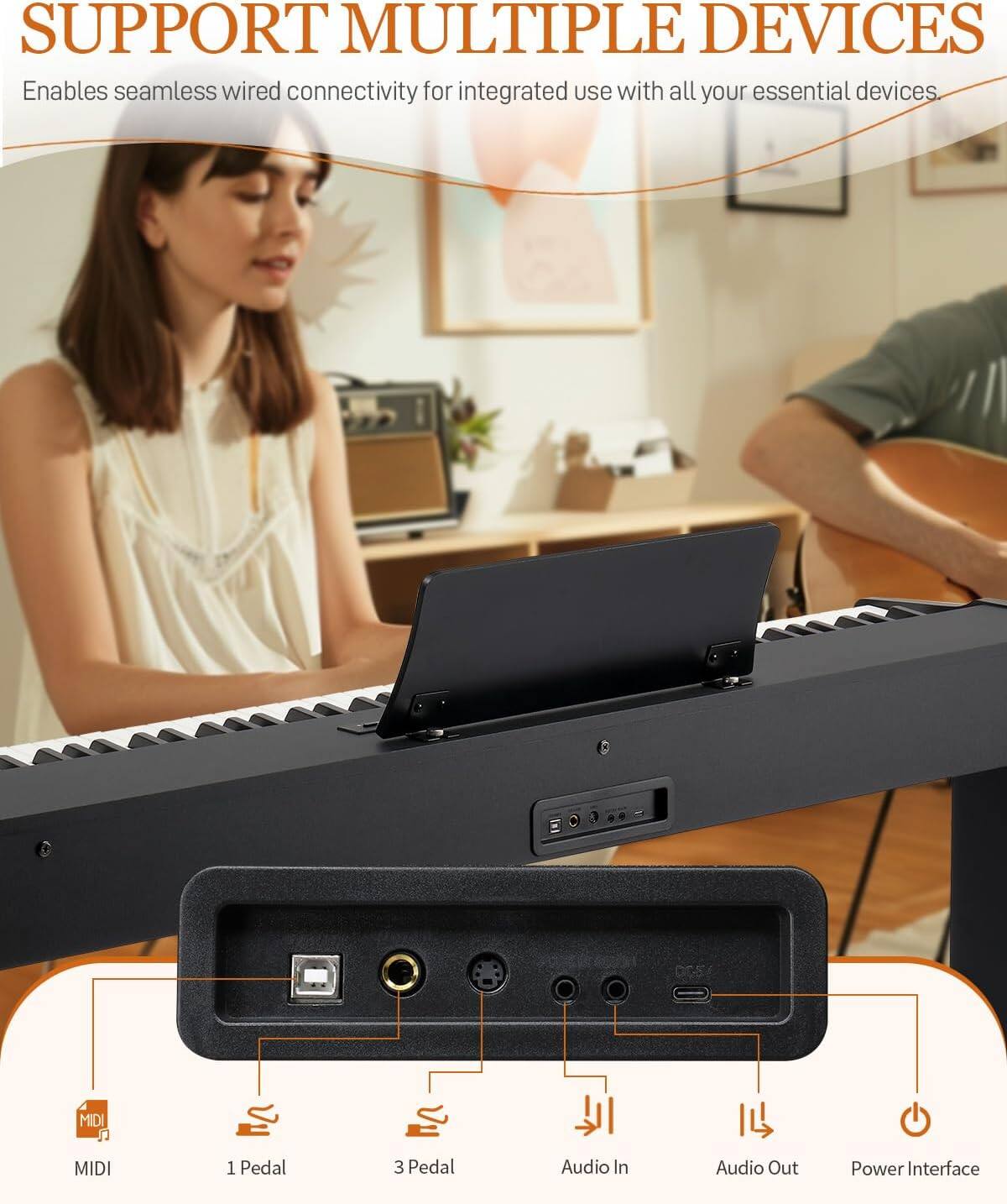 SUPPORT MULTIPLE DEVICES  
Enables seamless wired connectivity for integrated use with all your essential devices.  

- MIDI  
- 1 Pedal  
- 3 Pedal  
- Audio In  
- Audio Out  
- Power Interface