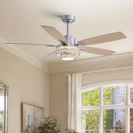 Front. Siljoy - 52-Inch Modern Double Layer Crystal Cage Ceiling Fan with Light for Living Room Bedroom and Kitchen - Chrome.