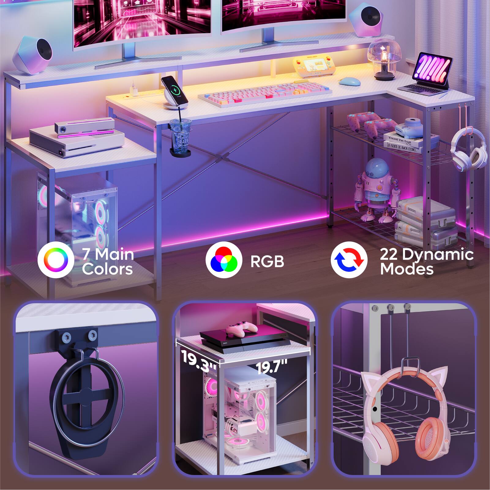 The image features a computer desk with a keyboard, mouse, and speakers. There are also two laptops on the desk, one on the left side and the other on the right side. The desk has a monitor and a printer, and there are two TVs in the background. The desk is equipped with a variety of electronic devices, including a keyboard, mouse, speakers, and laptops. The image also showcases a computer setup with a keyboard, mouse, and speakers, as well as a monitor and a printer.