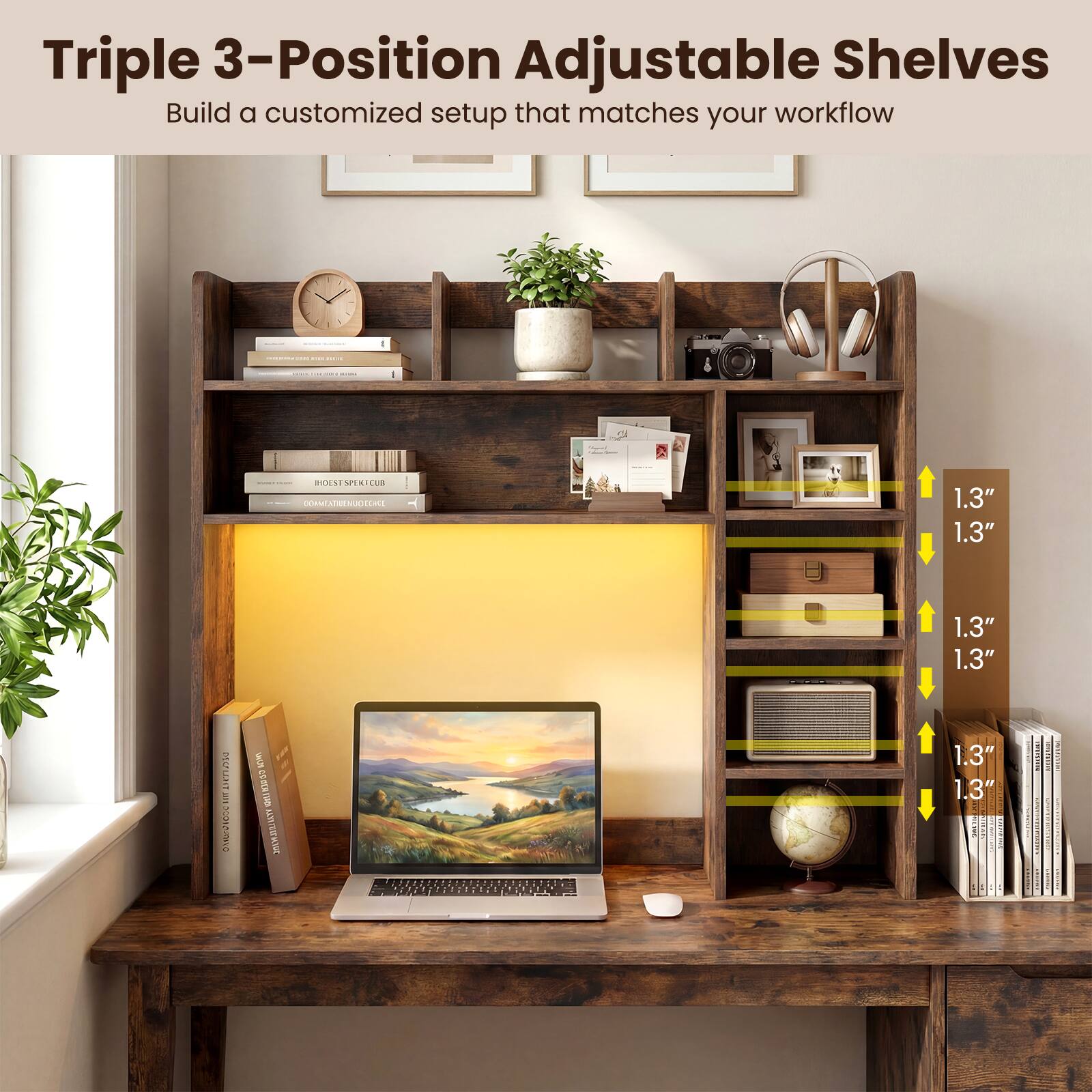 Triple 3-Position Adjustable Shelves  
Build a customized setup that matches your workflow

- DREVE
- HOEST SPEKTCUB COMMENTILEMUCCENCE
- 1.3" 1.3"
- 1.3" 1.3"
- DESSIUM NEW OMURVIOSE
- www
- 1.3" 1.3" OUR FLOOF CHICKER
- PAPER
- 1000 THE
- CHEESENTE
- PRESION