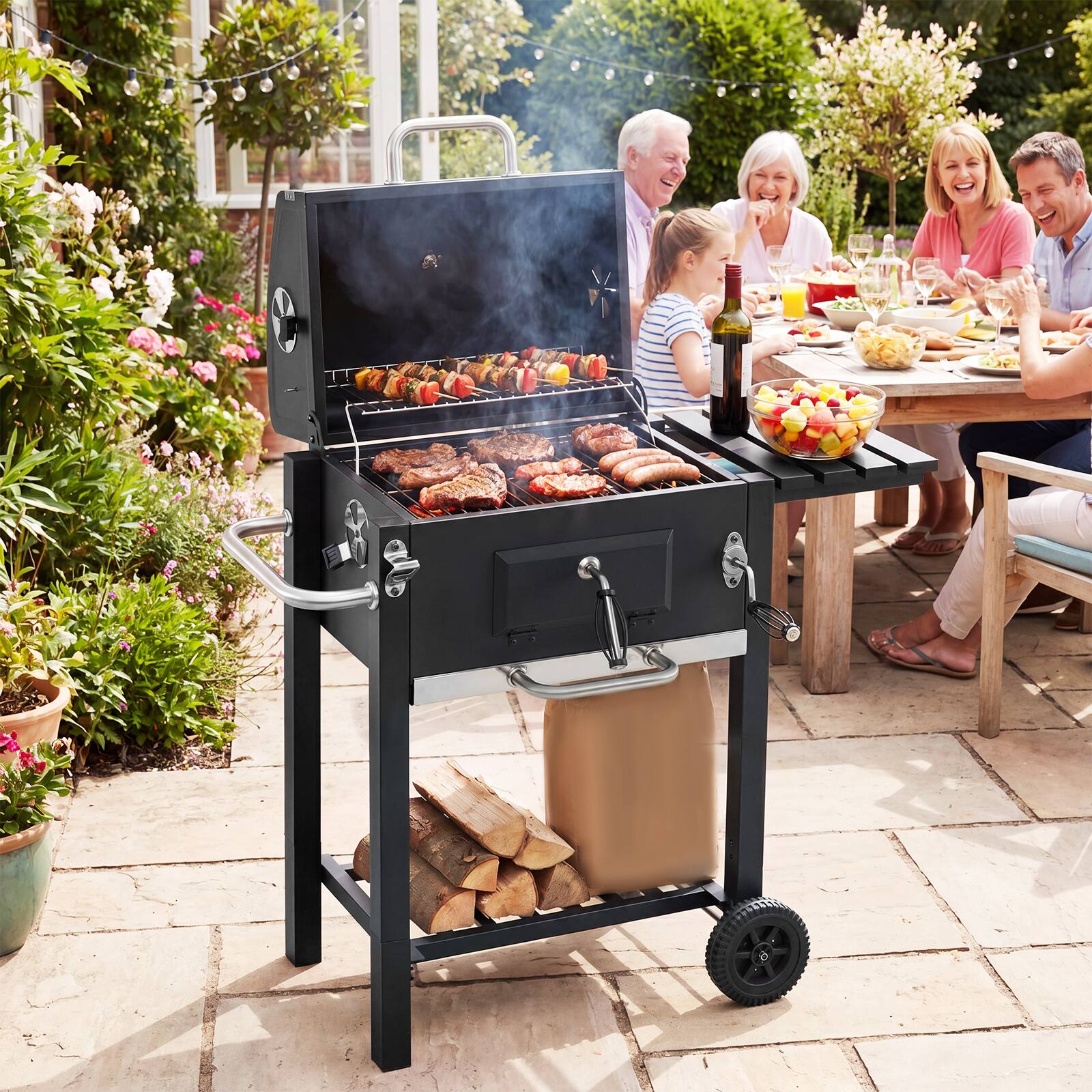 Alt View 3. Gymax - Gymax Charcoal Grill w/ Wheels Portable BBQ Grill w/ Adjustable Charcoal Tray - Black.