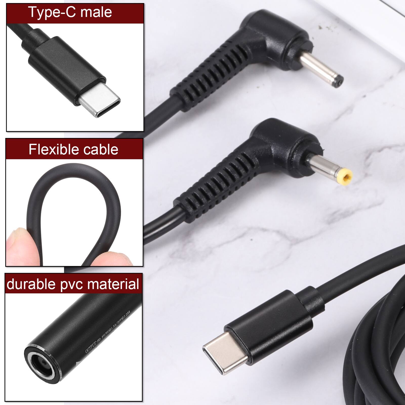 Type-C male  
Flexible cable  
Durable PVC material