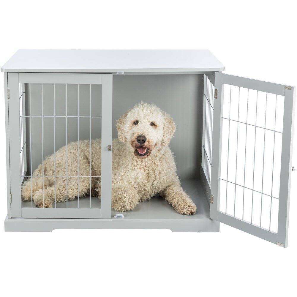 Left. TRIXIE - Dog Crate, Wooden Indoor Kennel Furniture for Dogs Up to 66 lb - Gray.