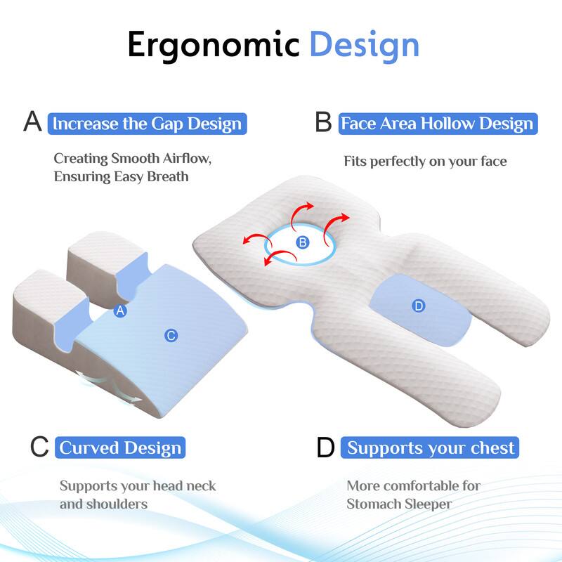 Ergonomic Design

A. Increase the Gap Design
- Creating Smooth Airflow, Ensuring Easy Breath

B. Face Area Hollow Design
- Fits perfectly on your face

C. Curved Design
- Supports your head, neck, and shoulders

D. Supports your chest
- More comfortable for Stomach Sleeper