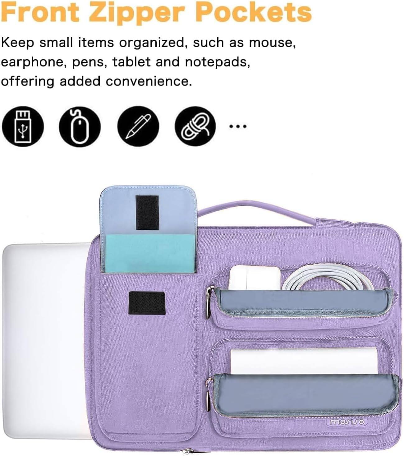 Front Zipper Pockets

Keep small items organized, such as mouse, earphone, pens, tablet and notepads, offering added convenience.
