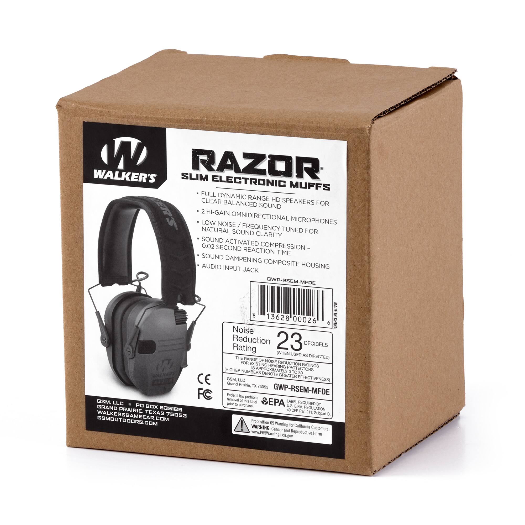 WALKER'S SLIM RAZOR ELECTRONIC MUFFS  
FULL DYNAMIC RANGE HD SPEAKERS FOR 2 HI-GAIN OMNIDIRECTIONAL MICROPHONES  
CLEAR BALANCED SOUND  
LOW NOISE / FREQUENCY TUNED FOR SOUND CLARITY  
SOUND ACTIVATED 0.02 SECOND COMPRESSION REACTION TIME  
SOUND DAMPENING AUDIO COMPOSITE HOUSING  
INPUT JACK  

Noise Reduction Rating: 23 DECIBELS  
WHEN USED AS DIRECTED  

GSMOUTDOORS.COM  
MADE IN CHINA  
GWP-RSEM-MFDE  

GRAND PRARIE, TEXAS 76083  
WALKERSGAMEEAR.COM  

CE FC  
EPA  

WARNING: This product contains chemicals known to the State of California to cause cancer and birth defects or other reproductive harm. www.P65Warnings.ca.gov  

GSM LLC, PO BOX 535180, GRAND PRARIE, TEXAS 76083  
WALKERSGAMEEAR.COM  
GSMOUTDOORS.COM  

GWP-RSEM-MFDE  
13628 00026  

THE RANGE DIRECT