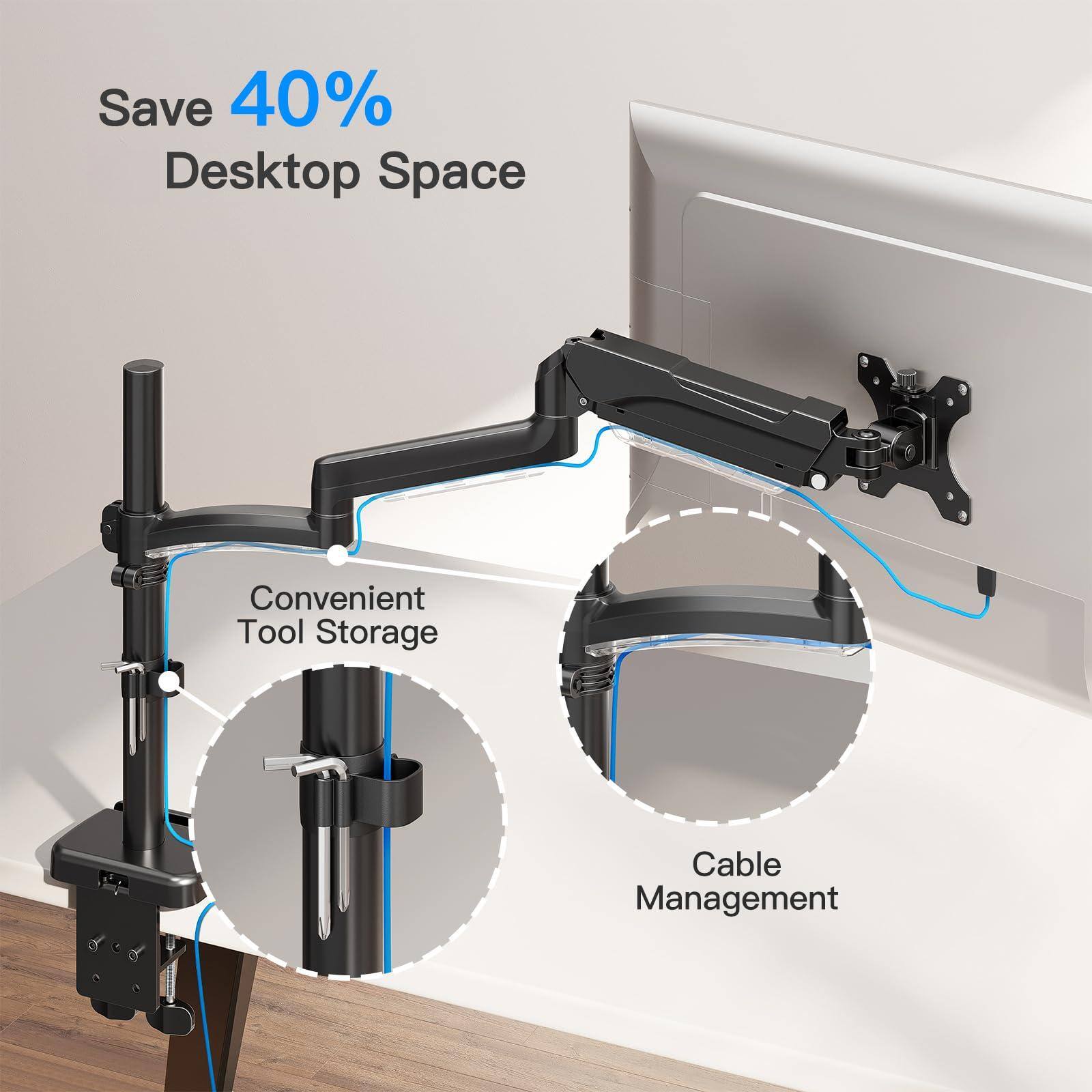 Save 40% Desktop Space

Convenient Tool Storage

Cable Management