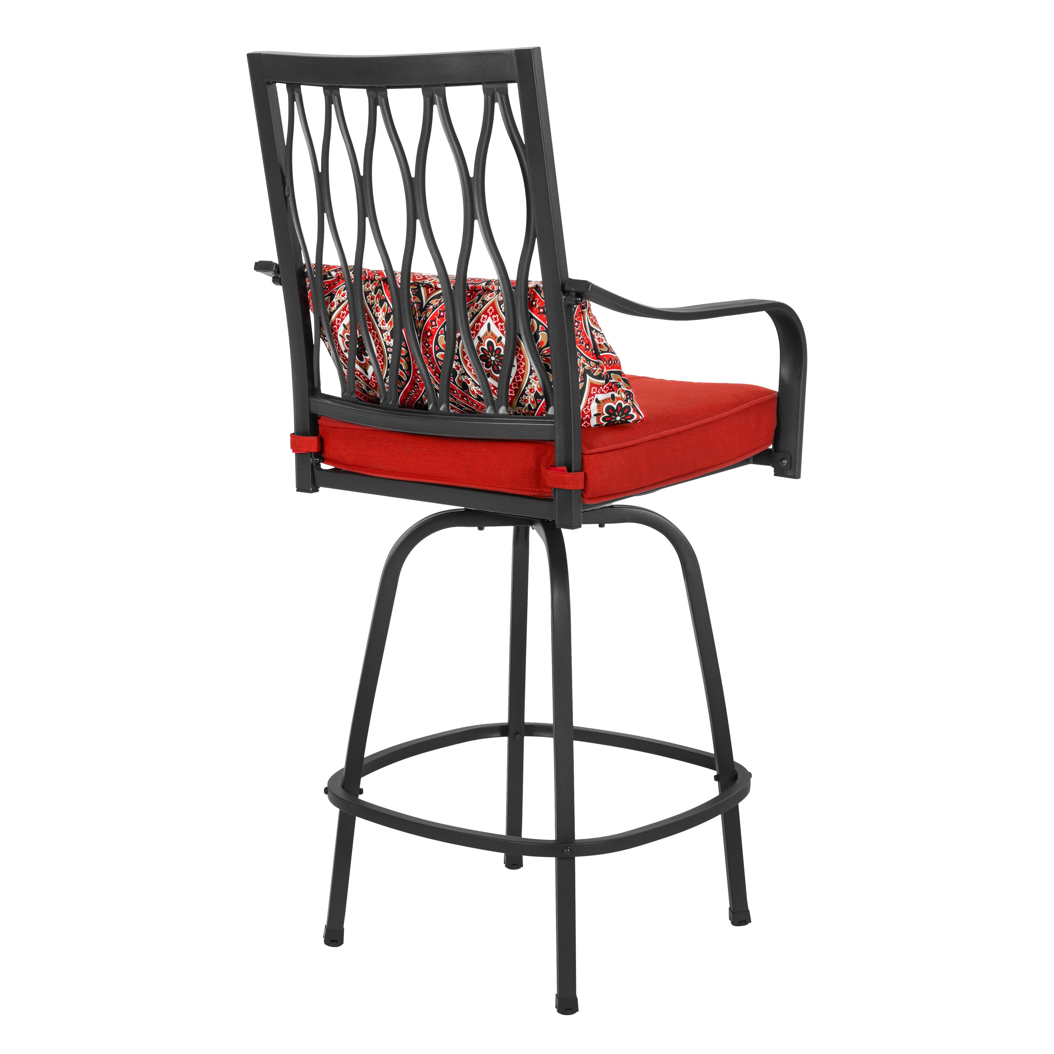 Alt View 8. Nuu Garden - 2-Piece Outdoor Patio Metal Swivel Bar Stools with Padded Cushions and Extra Pillows, Square-to-Round Footrest - Black and Red.